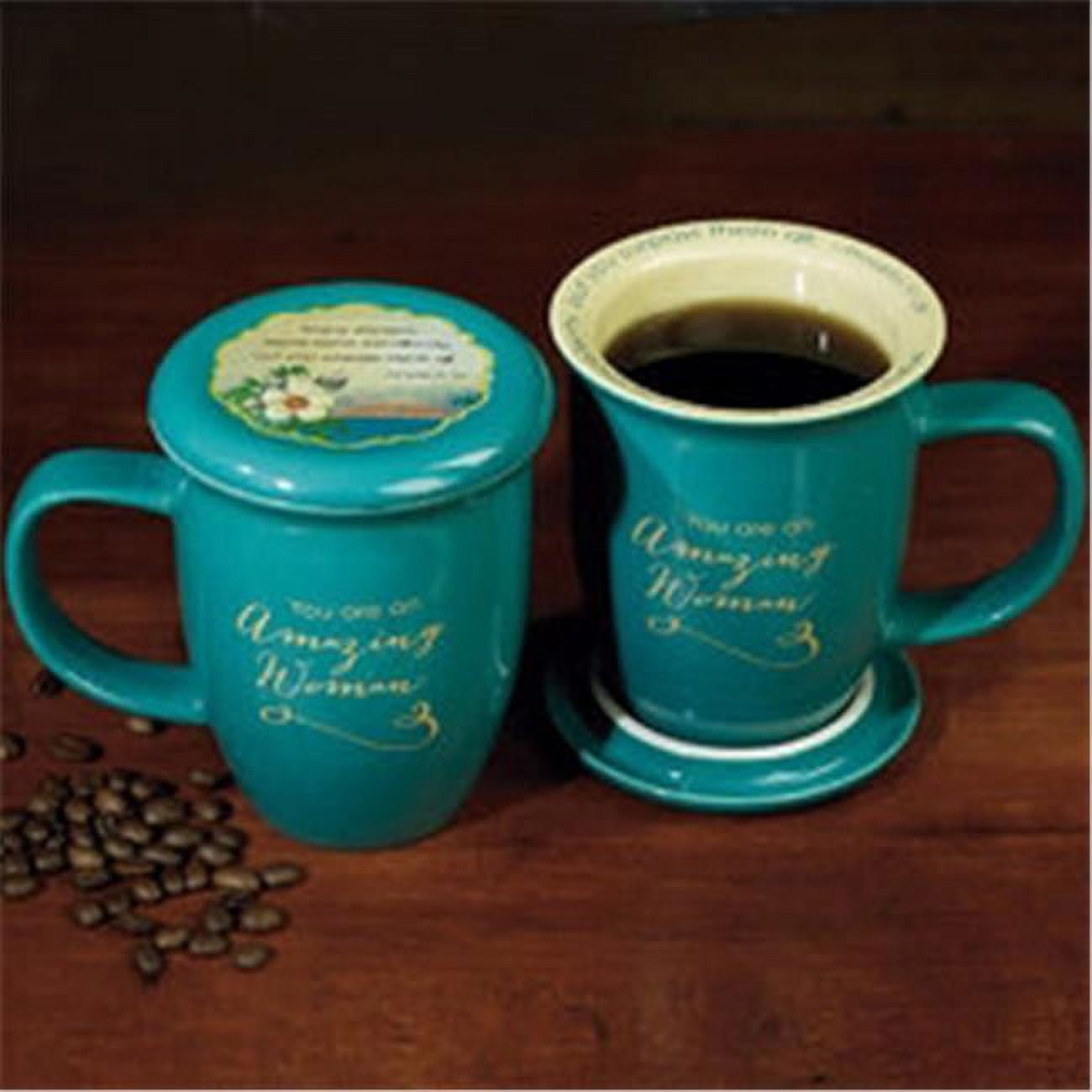 Cathedral Art-dba Abbey Gift 096822 Mug Grace Outpoured Amazing Woman Interior With Coaster Lid, Teal & Cream