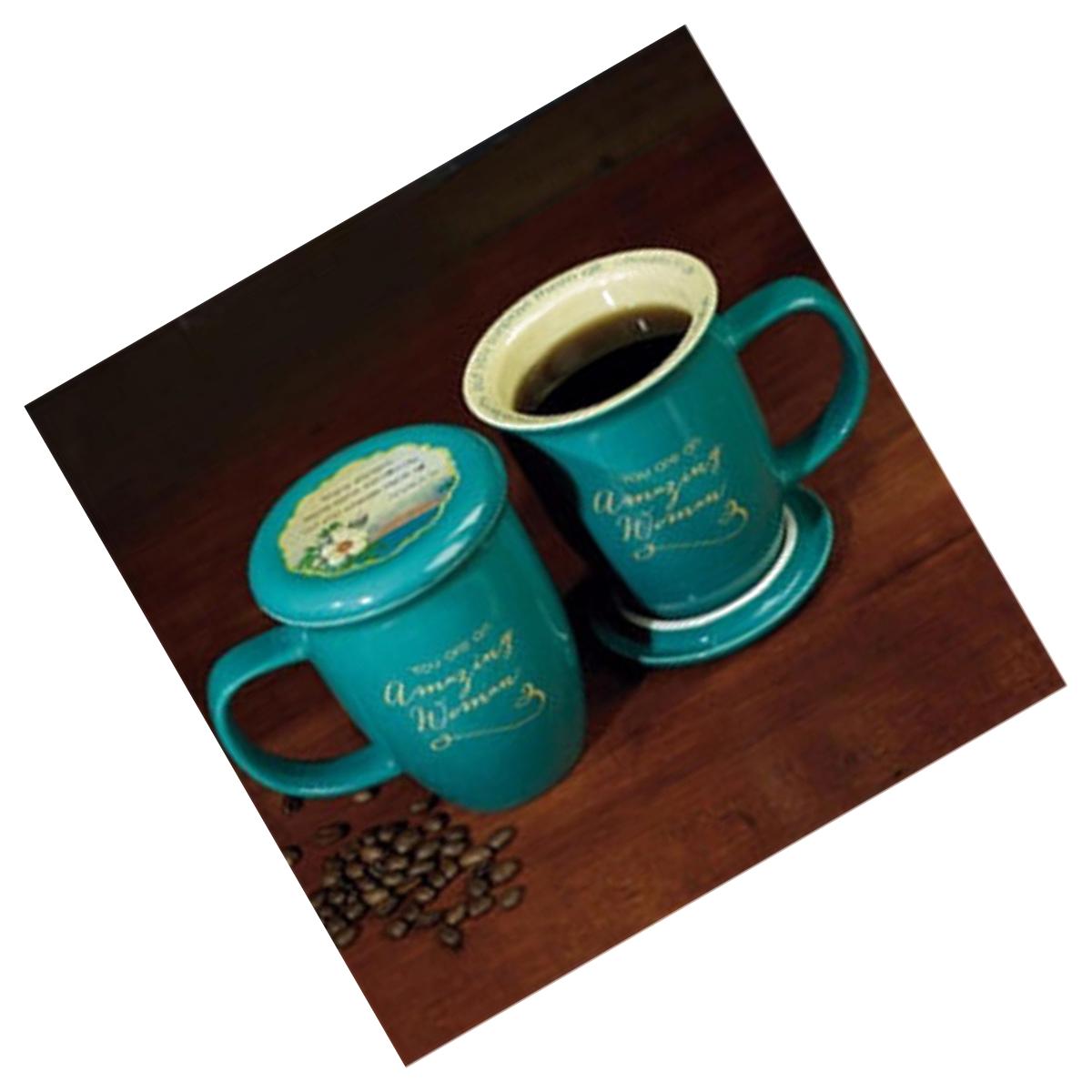 Picture of Cathedral Art-DBA Abbey Gift 096822 Mug Grace Outpoured Amazing Woman Interior with Coaster Lid, Teal & Cream