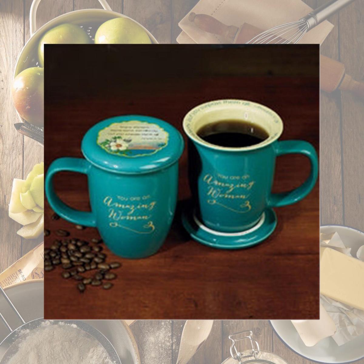 Picture of Cathedral Art-DBA Abbey Gift 096822 Mug Grace Outpoured Amazing Woman Interior with Coaster Lid, Teal & Cream