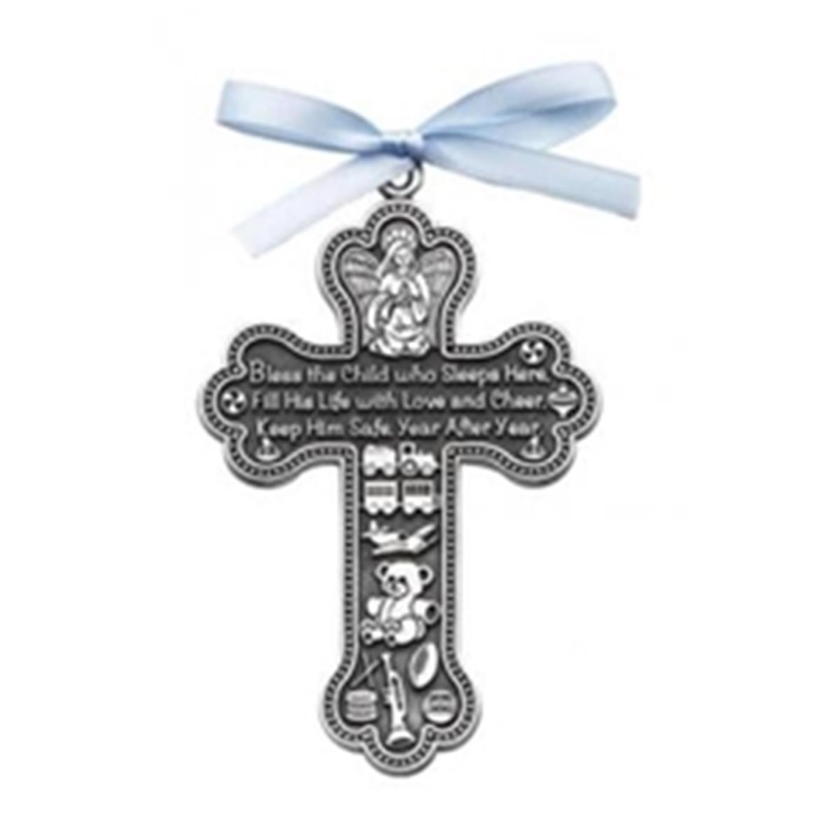 Ca Gift 14176x Crib Cross-bless This Child With Blue Ribbon, Pewter - Gift Boxed