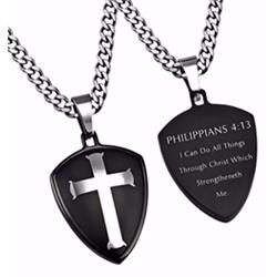 Spirit & Truth Jewelry 201817 Black R2 Shield Cross-christ My Strength Mens - 20 In. Chain Necklace