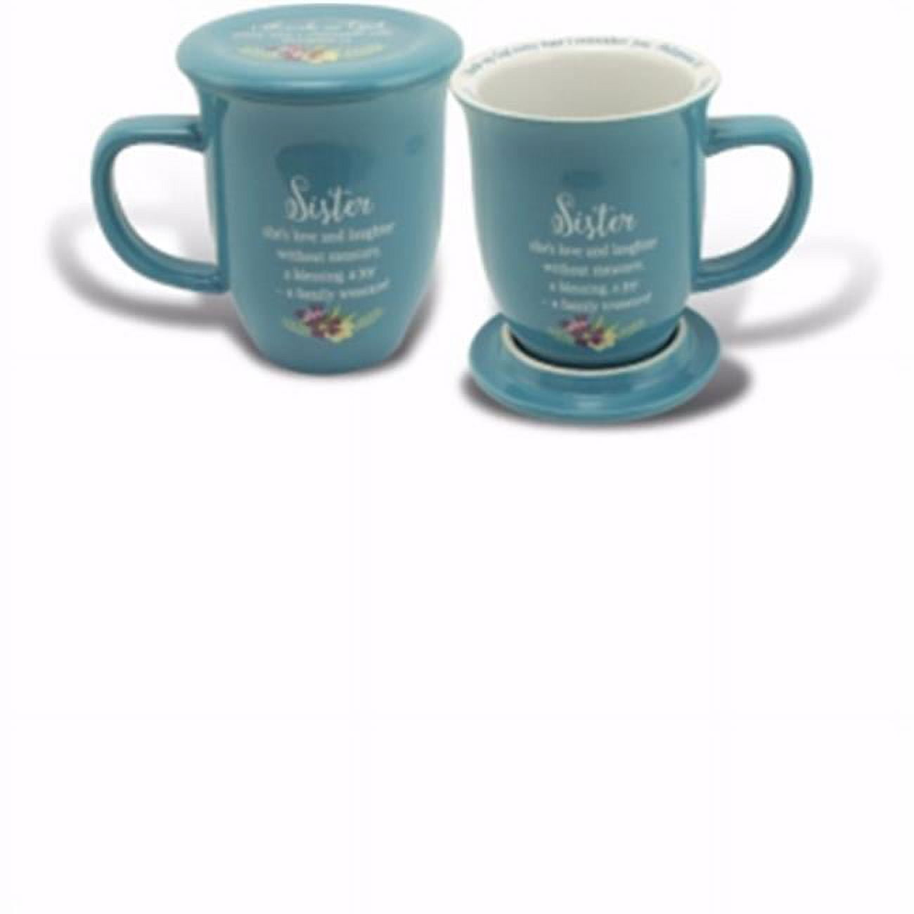 Ca Gift 165785 14 Oz Grace Outpoured-sister Mug - Blue & White Interior With Coaster, Lid
