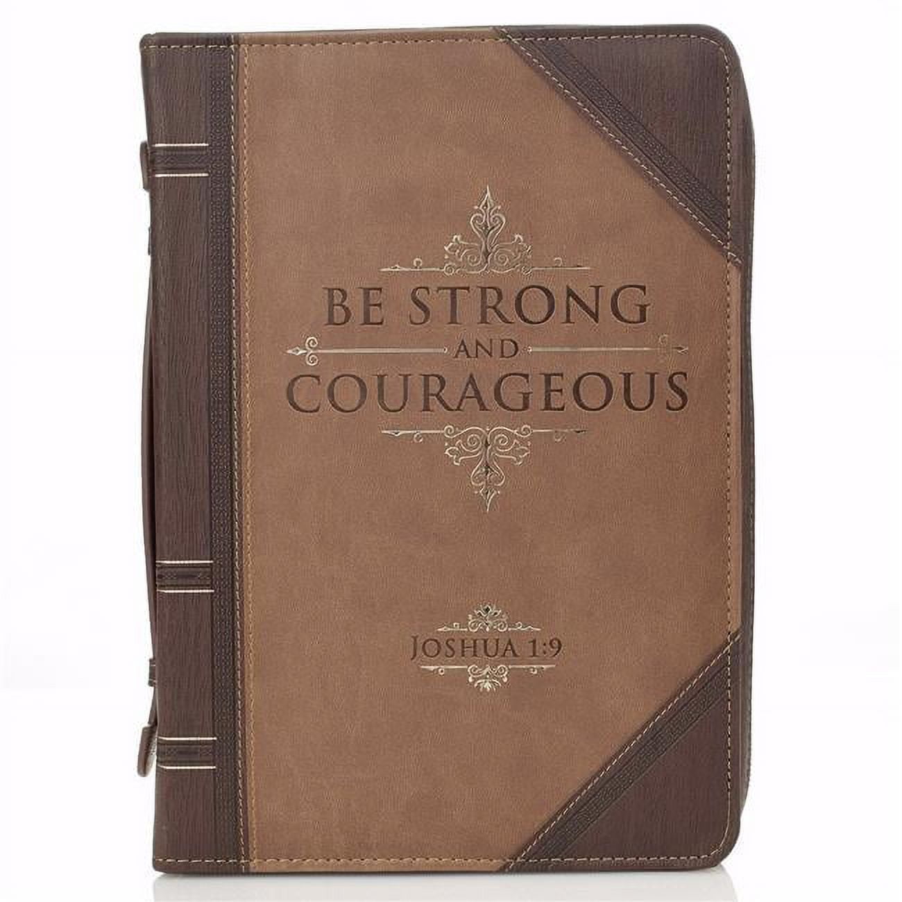 134902 Be Strong & Courageous Classic Lux Leather Bible Cover, Brown & Tan - Extra Large