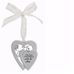 Ca Gift 135623 Mr. & Mrs. First Christmas Double Heart Ornament With White Ribbon
