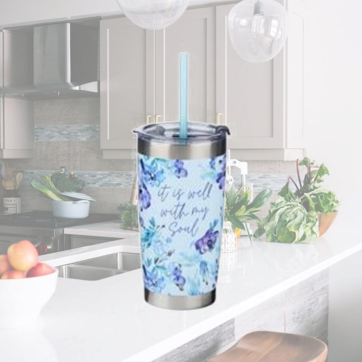 Picture of Christian Art Gifts 249953 It Is Well with Straw-Purple Posies Stainless Steel Travel Mug