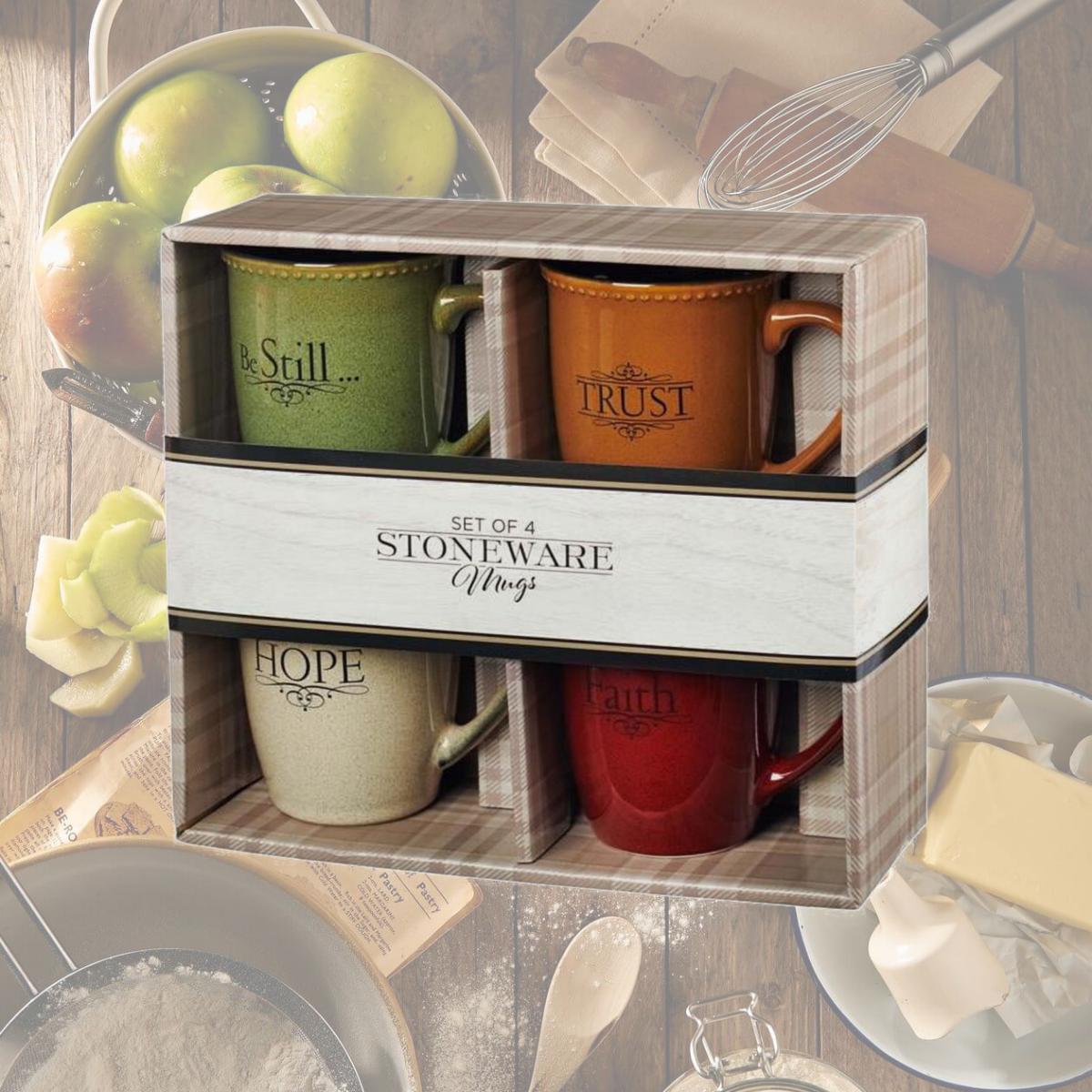 Picture of Christian Art Gifts 25557X Ceramic Coffee Mug Set, Faith Trust Hope Be Still - Set of 4