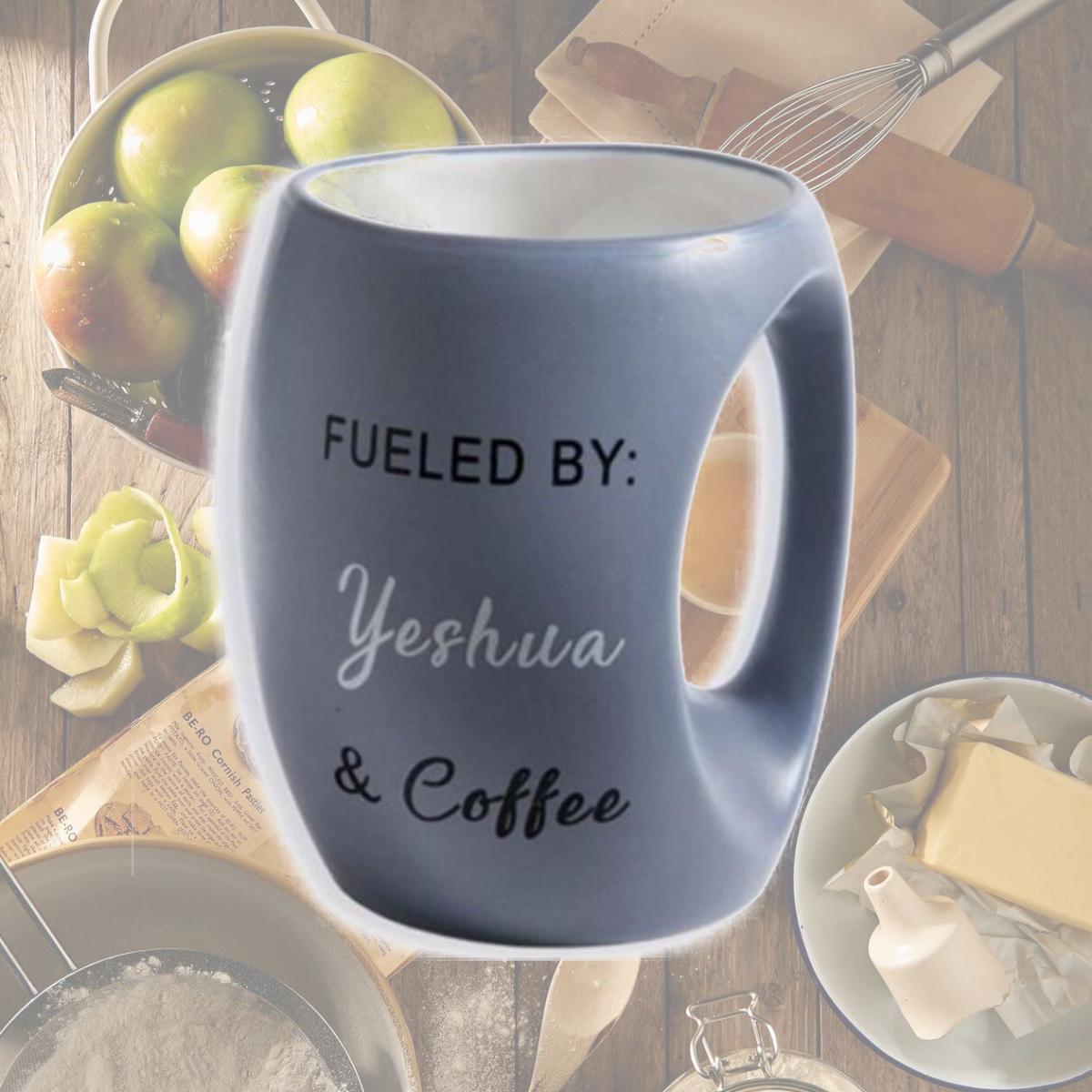Picture of Holy Land Gifts 256458 13 oz No. 71161 Fueled By Yeshua & Coffee Mug, Blue Stoneware