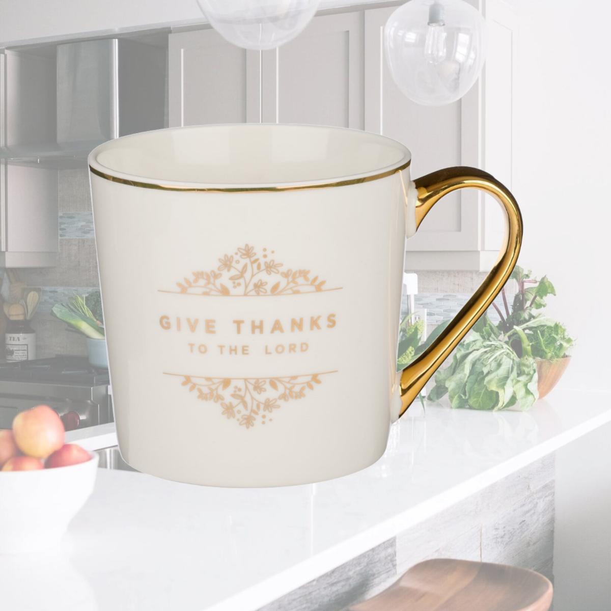 Picture of Christian Art Gifts 241550 Give Thanks to the Lord Ceramic Coffee Mug, White & Gold