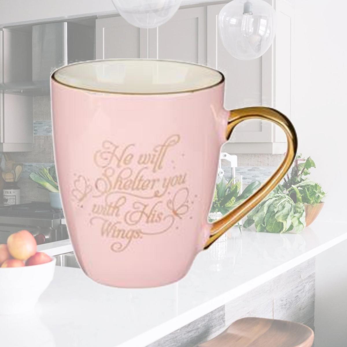 Picture of Christian Art Gifts 241567 Shelter You Psalm 91-4 Ceramic Mug, Pink & Gold