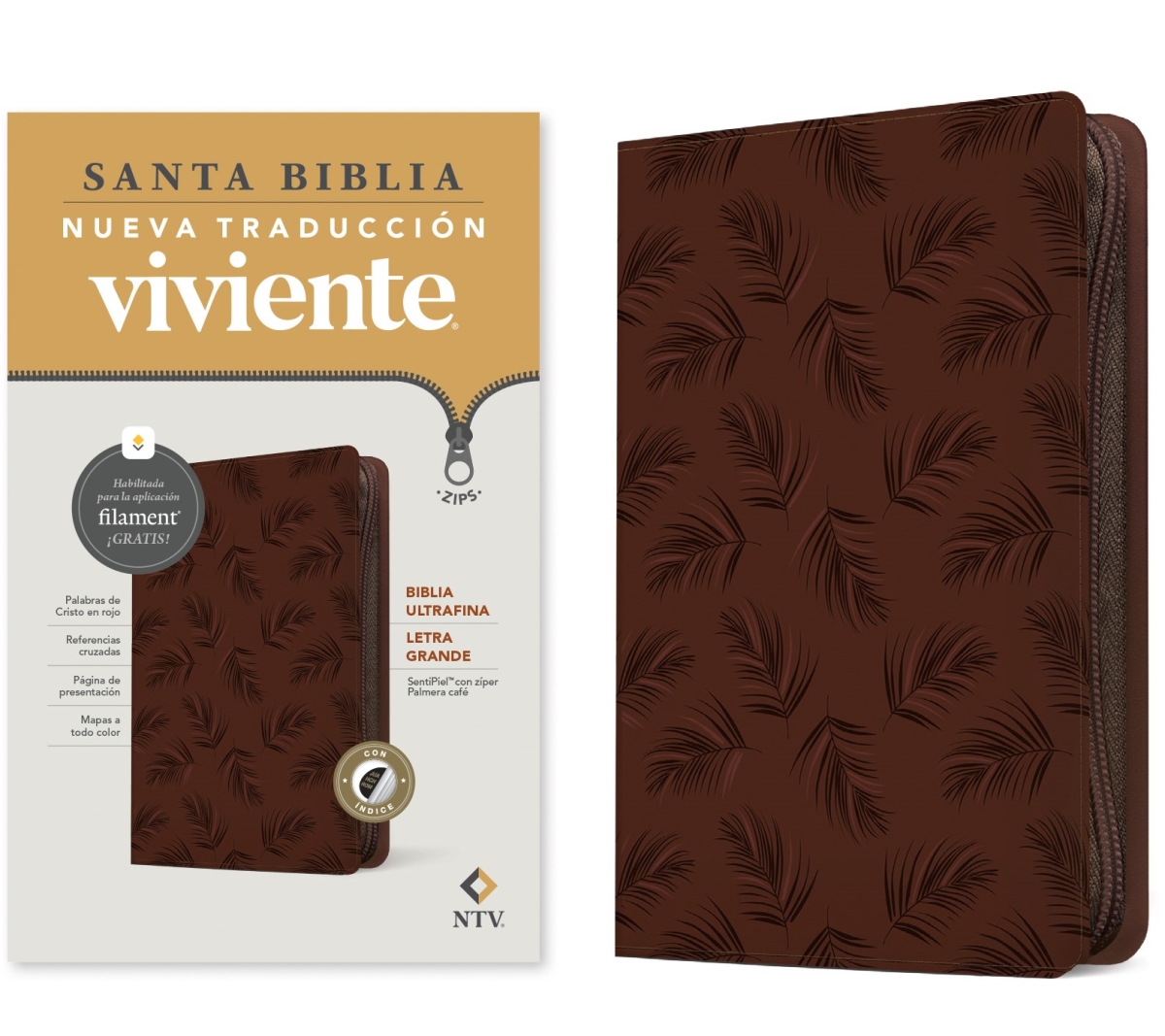 454255 NTV Biblia Ultrafina De Ziper Con Filament - NLT Thinline Zipper Bible Filament Enabled - Brown Leatherlike Indexed