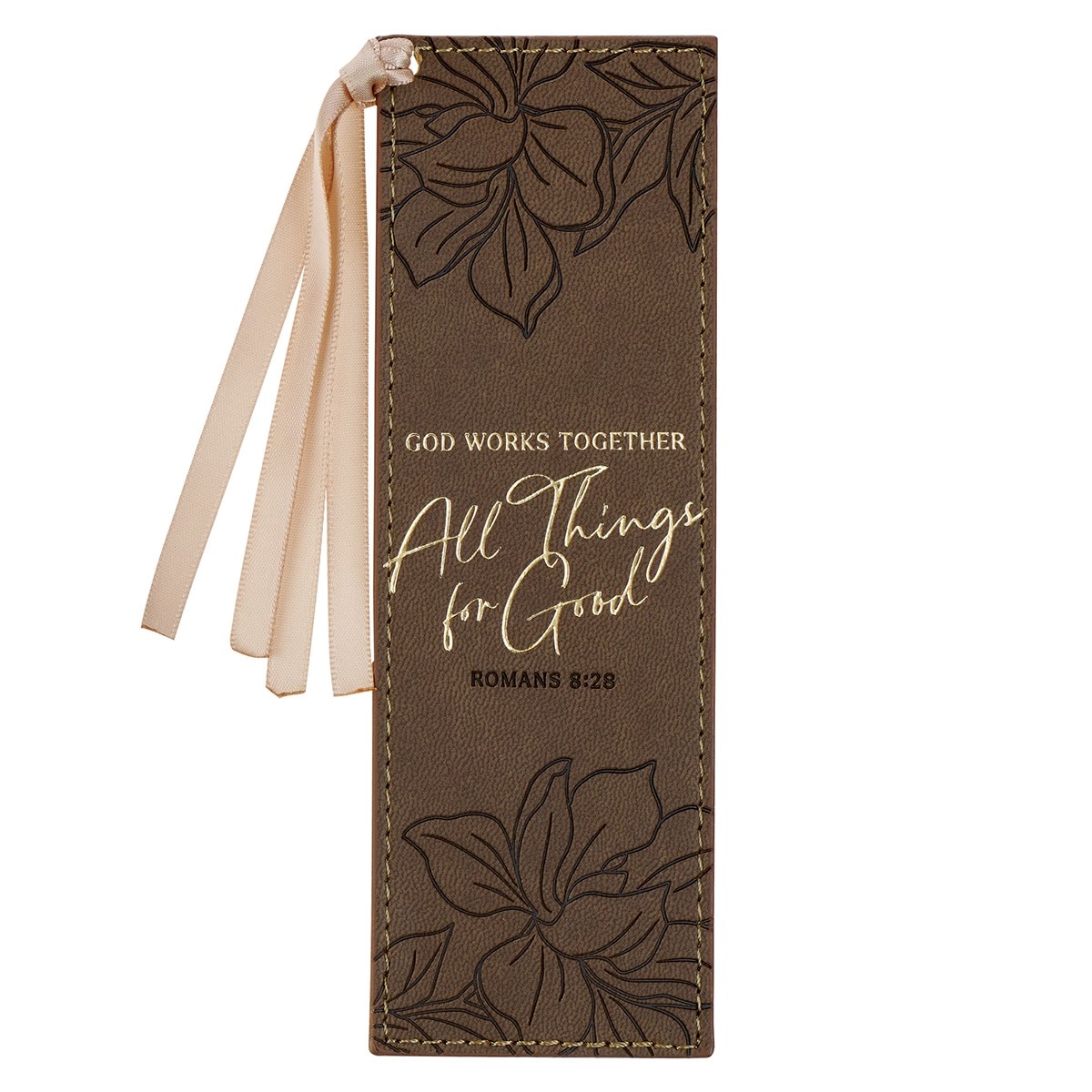 368419 Bookmark - God Works for Good Romans 8 - 28 Faux Leather Brown