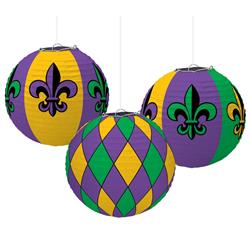 241975 9.5 X 9.5 In. Green, Purple & Gold Fleur De Lis Mardi Gras Paper Lantern Decorations - Pack Of 6