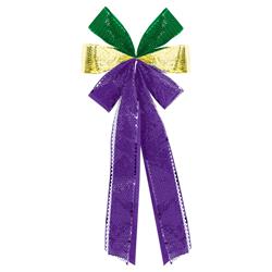 241988 28 X 13.5 In. Green, Purple & Gold Mardi Gras Flocked Deluxe Bow - Pack Of 2