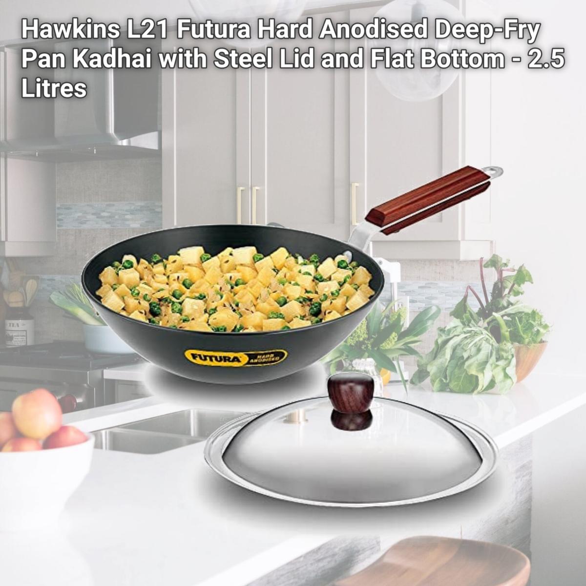 Picture of Hawkins L21 Futura Hard Anodised Deep-Fry Pan Kadhai with Steel Lid and Flat Bottom - 2.5 Litres