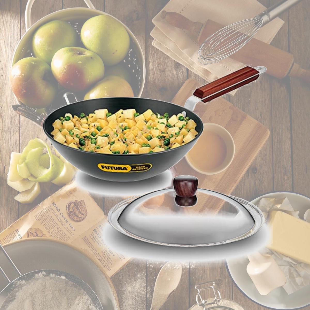 Picture of Hawkins L21 Futura Hard Anodised Deep-Fry Pan Kadhai with Steel Lid and Flat Bottom - 2.5 Litres