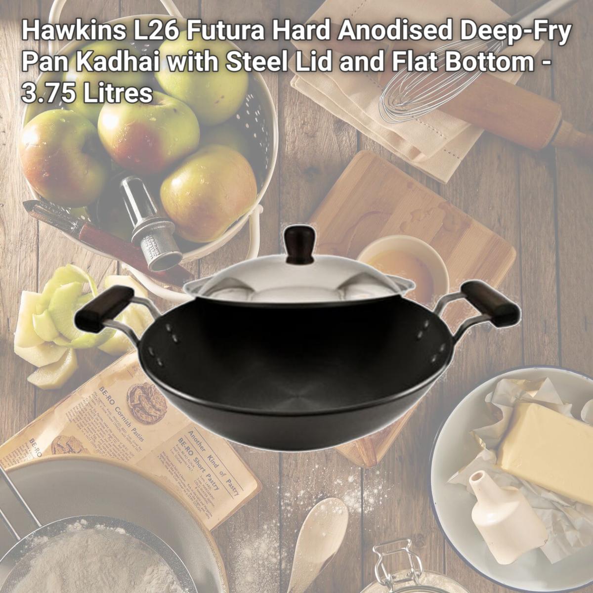 Picture of Hawkins L26 Futura Hard Anodised Deep-Fry Pan Kadhai with Steel Lid and Flat Bottom - 3.75 Litres