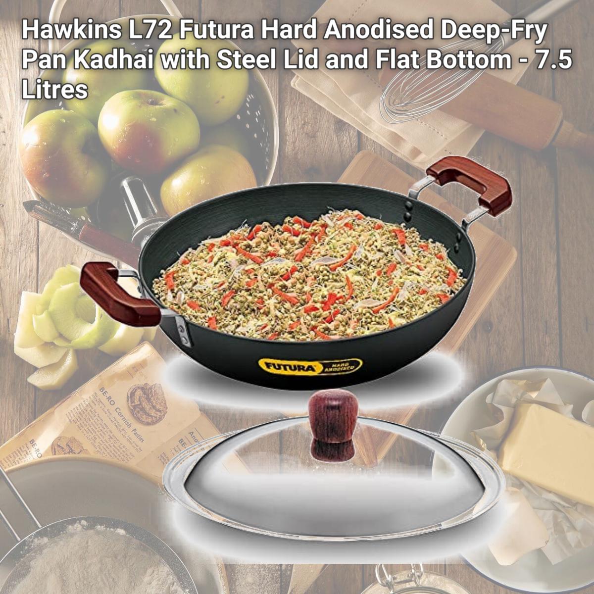 Picture of Hawkins L72 Futura Hard Anodised Deep-Fry Pan Kadhai with Steel Lid and Flat Bottom - 7.5 Litres