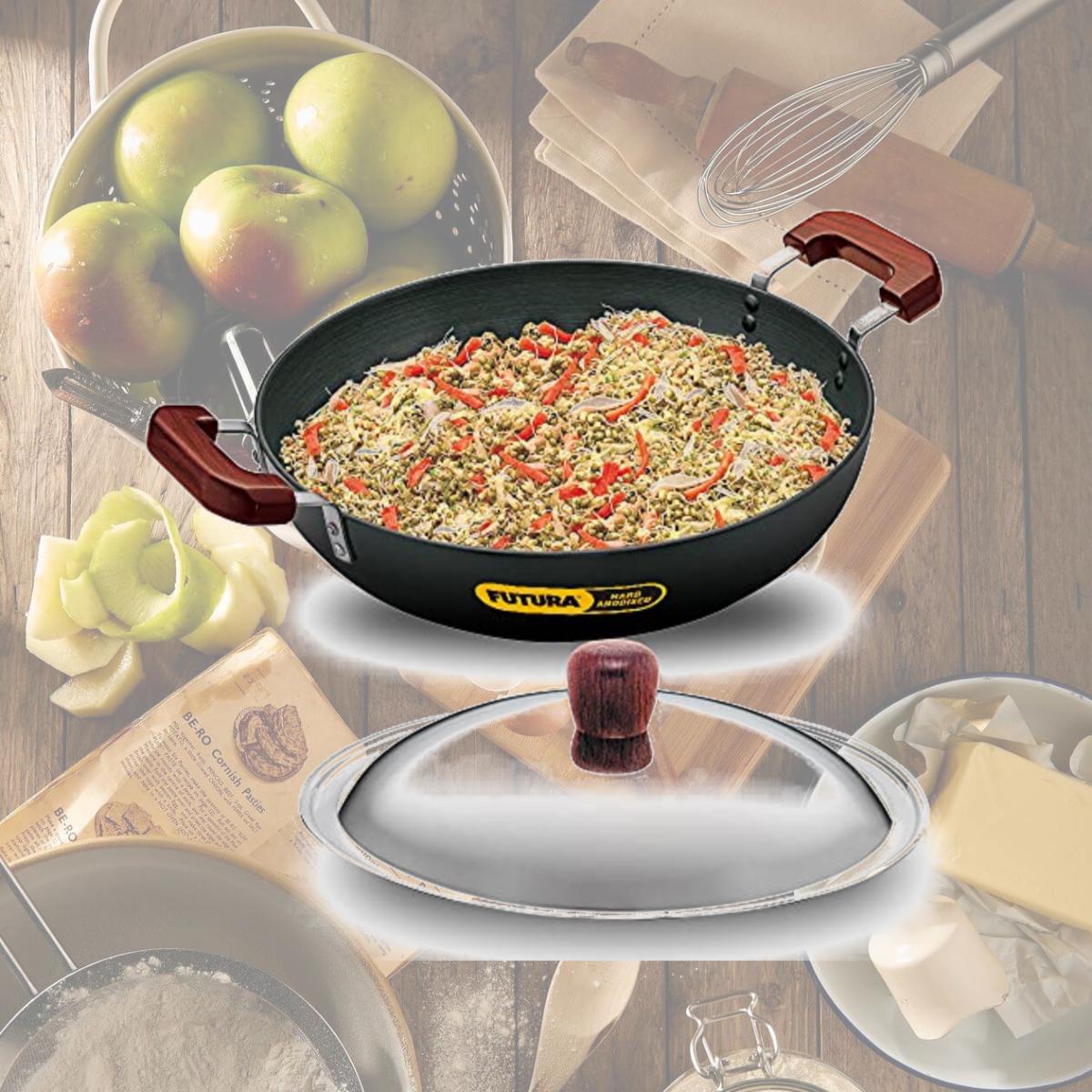 Picture of Hawkins L72 Futura Hard Anodised Deep-Fry Pan Kadhai with Steel Lid and Flat Bottom - 7.5 Litres