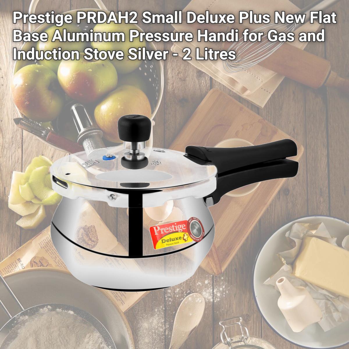 Picture of Prestige PRDAH2 Small Deluxe Plus New Flat Base Aluminum Pressure Handi for Gas and Induction Stove Silver - 2 Litres