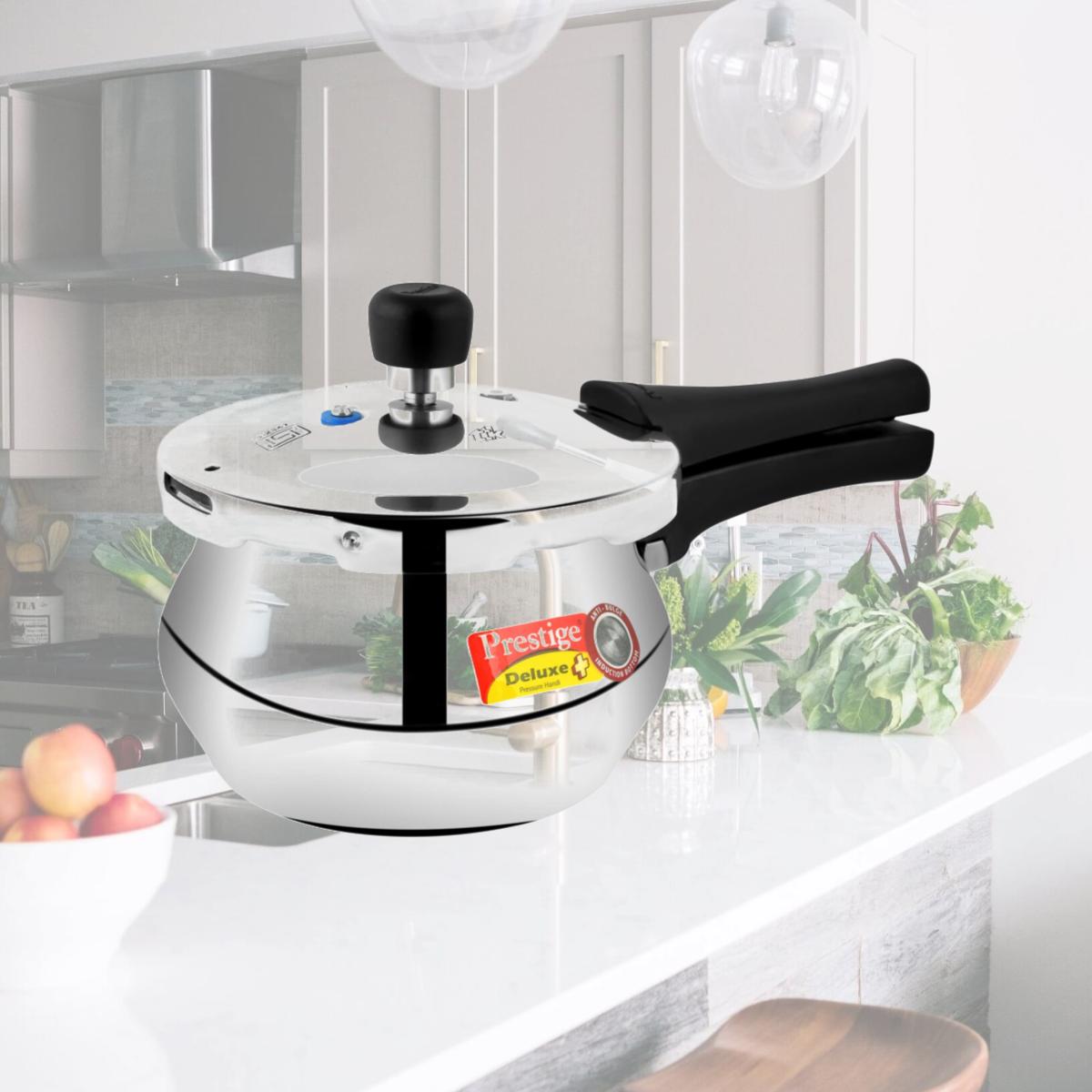 Picture of Prestige PRDAH2 Small Deluxe Plus New Flat Base Aluminum Pressure Handi for Gas and Induction Stove Silver - 2 Litres