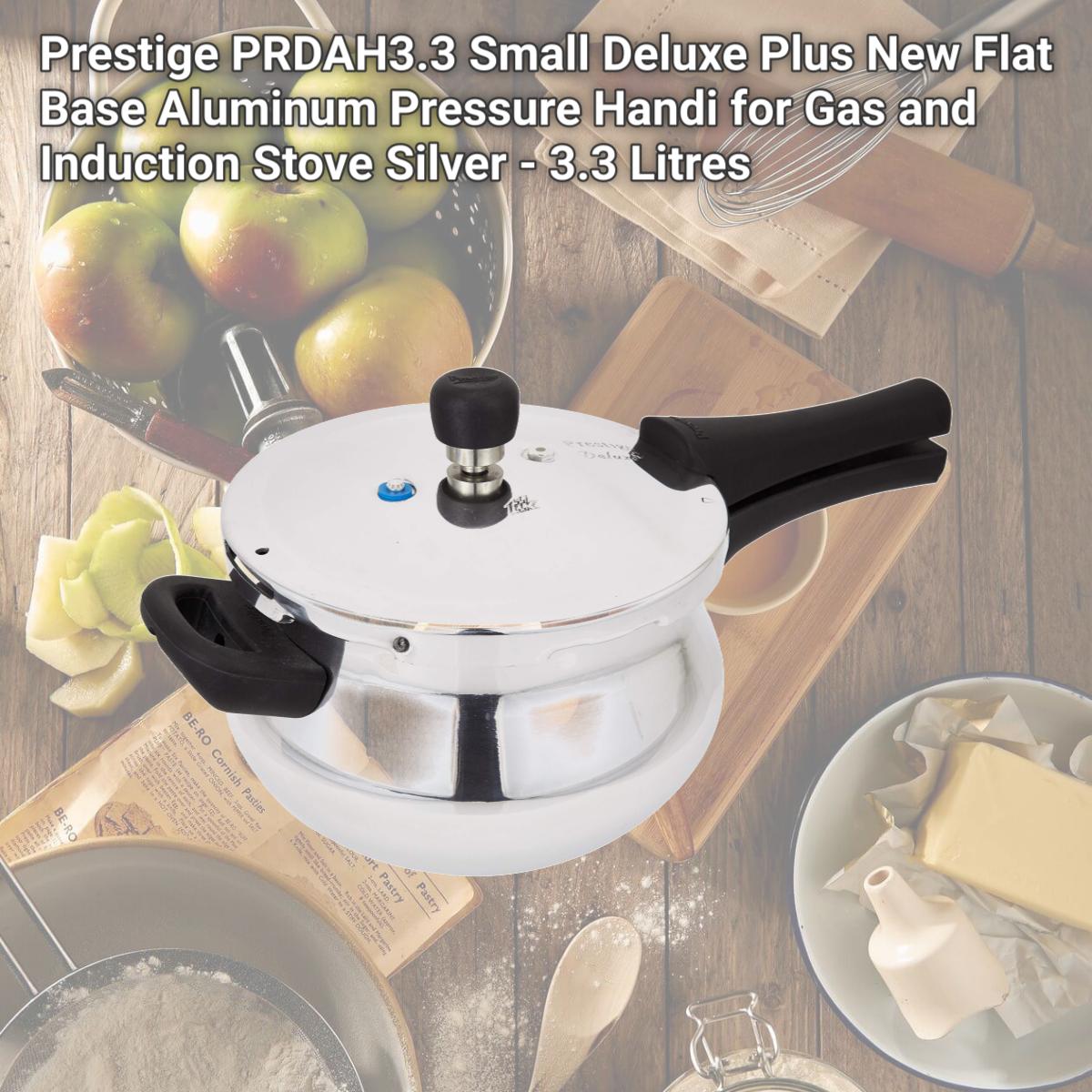 Picture of Prestige PRDAH3.3 Small Deluxe Plus New Flat Base Aluminum Pressure Handi for Gas and Induction Stove Silver - 3.3 Litres