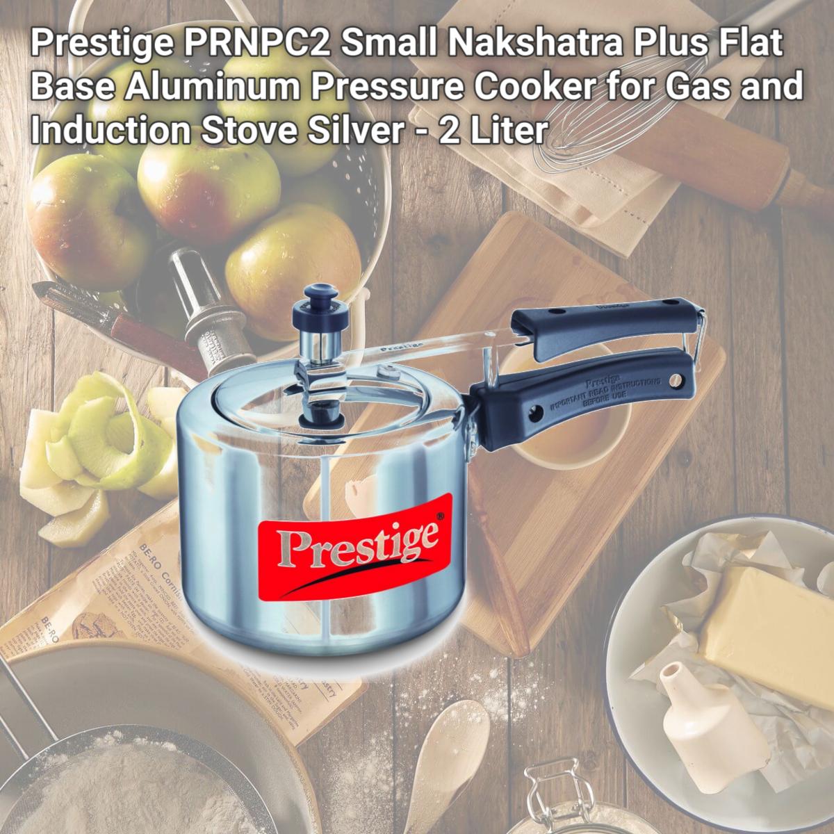 Picture of Prestige PRNPC2 Small Nakshatra Plus Flat Base Aluminum Pressure Cooker for Gas and Induction Stove Silver - 2 Liter