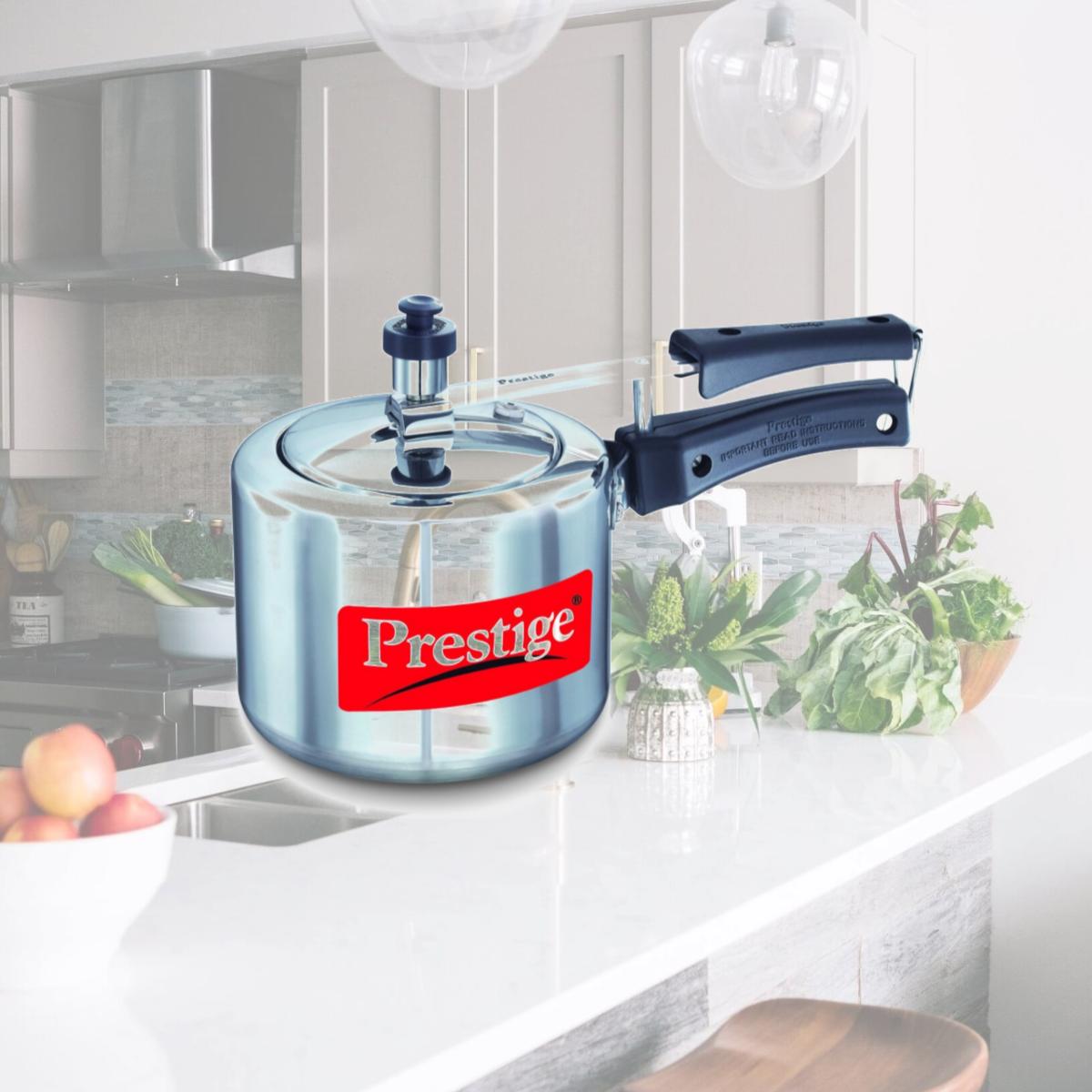 Picture of Prestige PRNPC2 Small Nakshatra Plus Flat Base Aluminum Pressure Cooker for Gas and Induction Stove Silver - 2 Liter