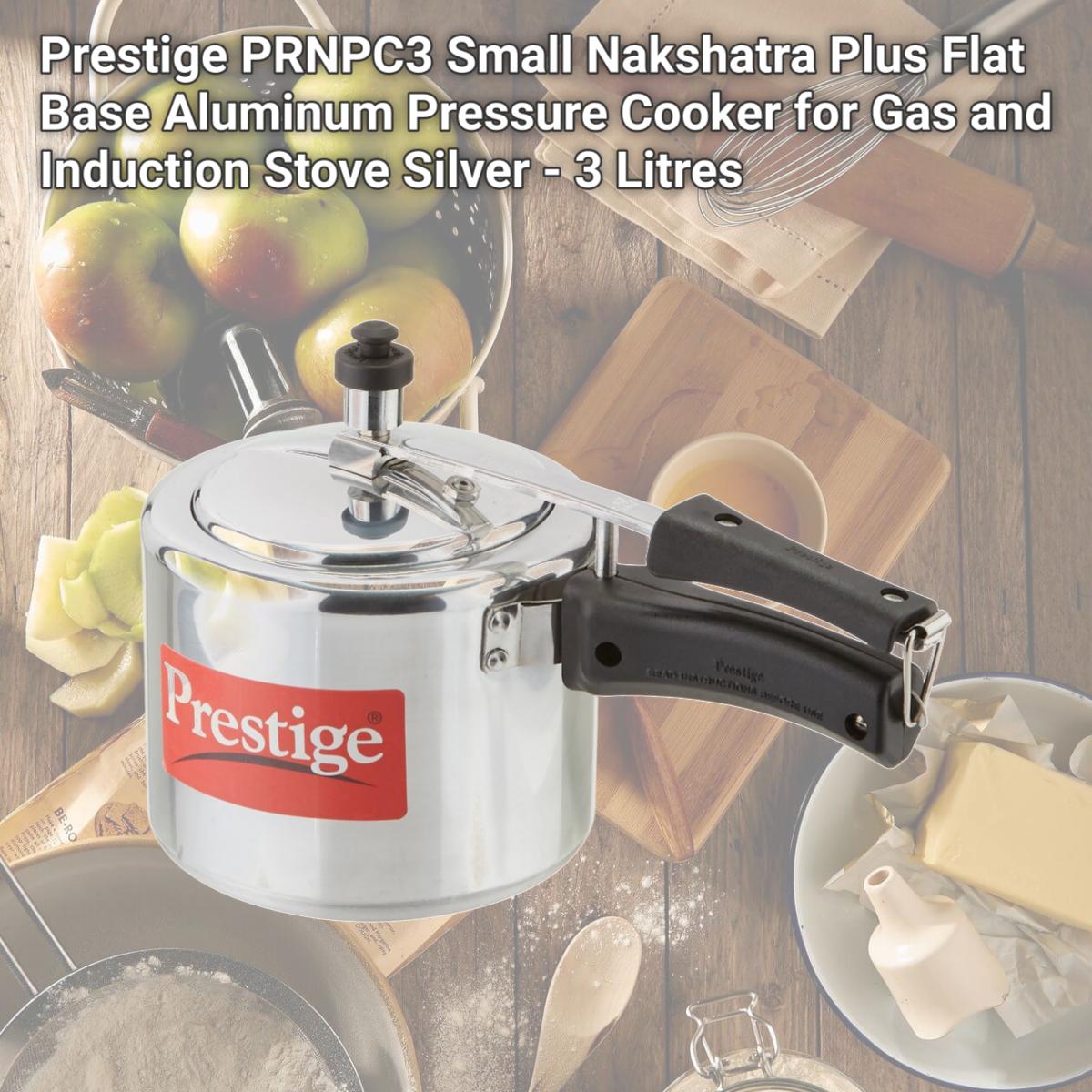 Picture of Prestige PRNPC3 Small Nakshatra Plus Flat Base Aluminum Pressure Cooker for Gas and Induction Stove Silver - 3 Litres