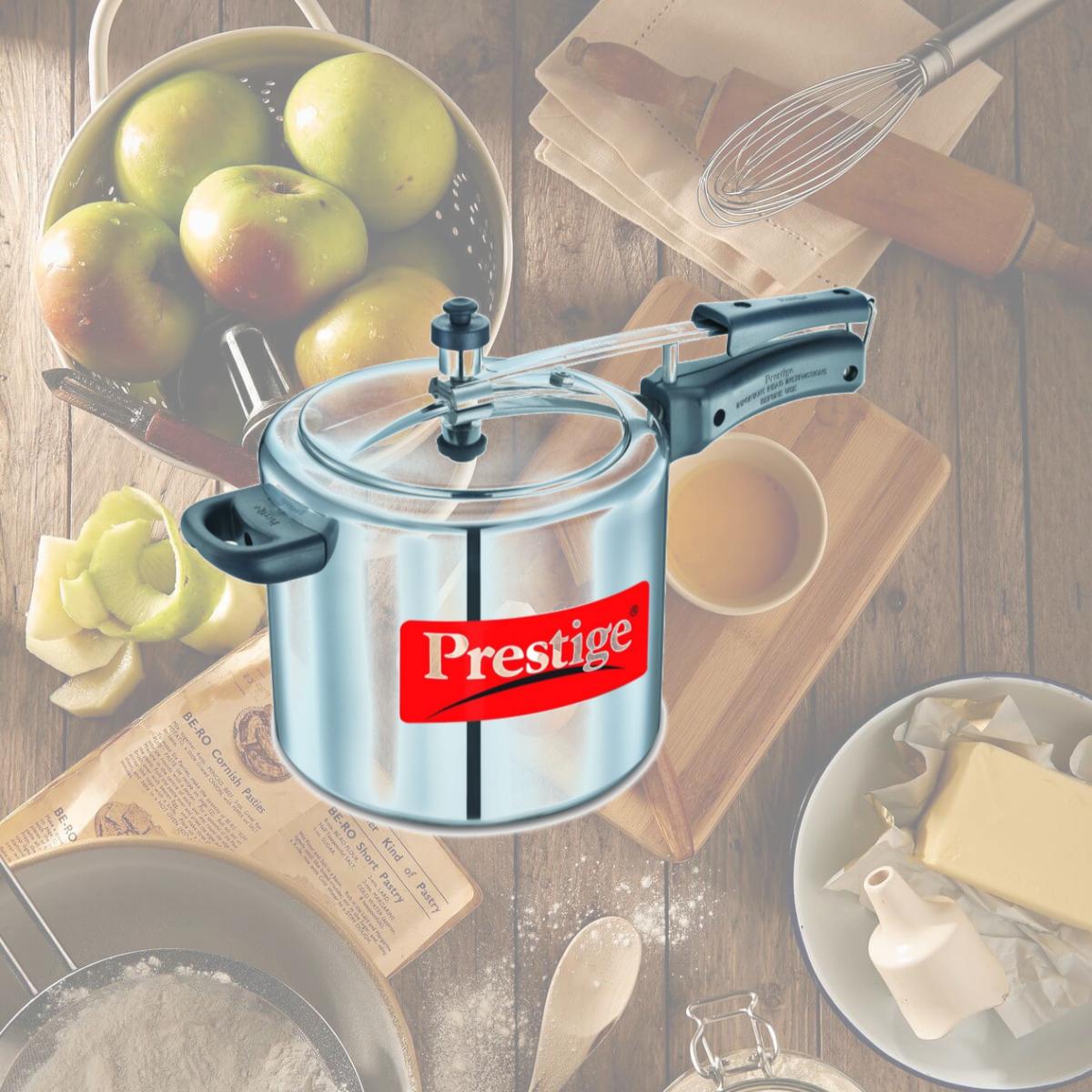 Picture of Prestige PRNPC6.5 Medium Nakshatra Plus Flat Base Aluminum Pressure Cooker for Gas and Induction Stove Silver - 6.5 Litres