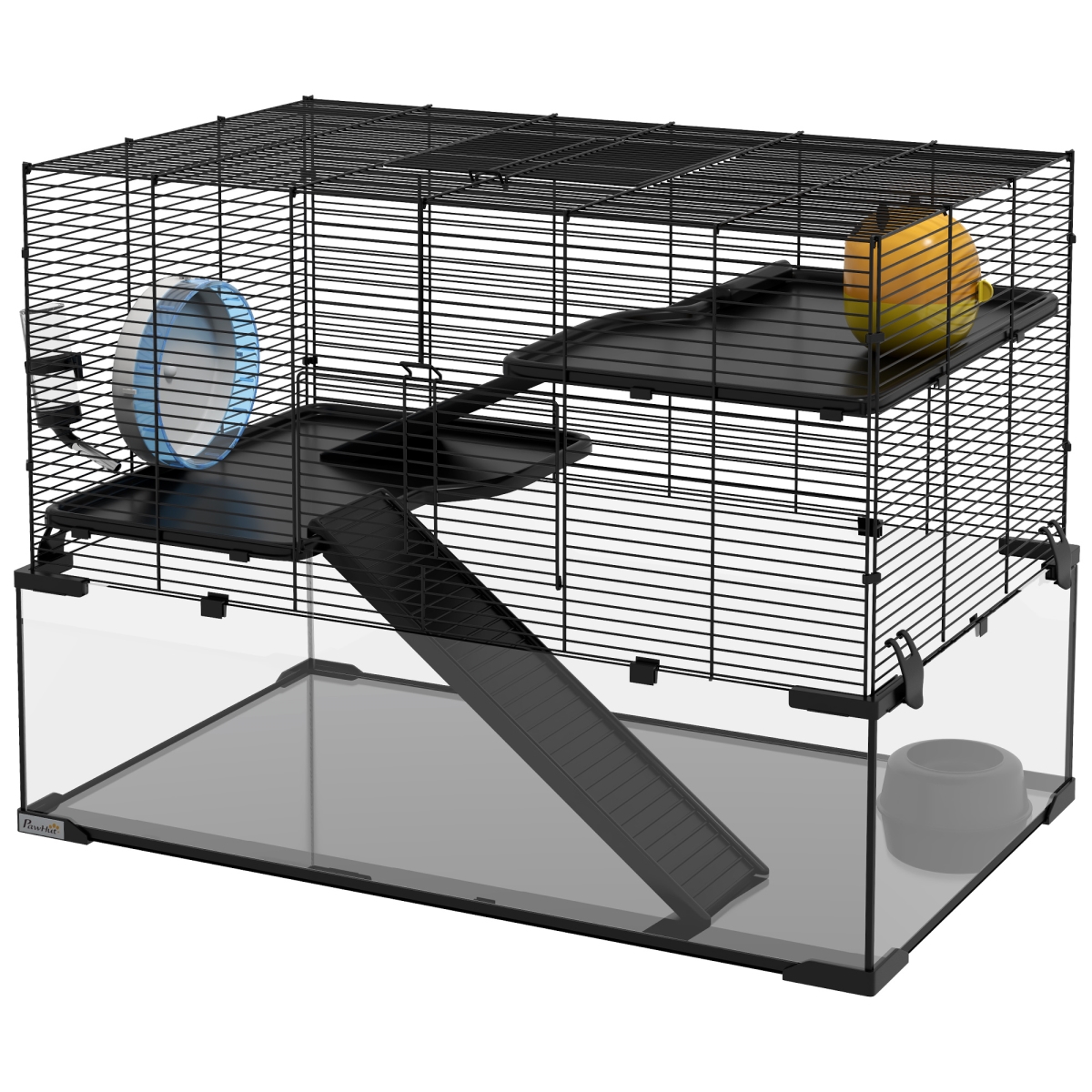 D51-374V01BK PawHut Hamster Cage & Gerbil Cage with Glass Basin for Small Hamsters, Black