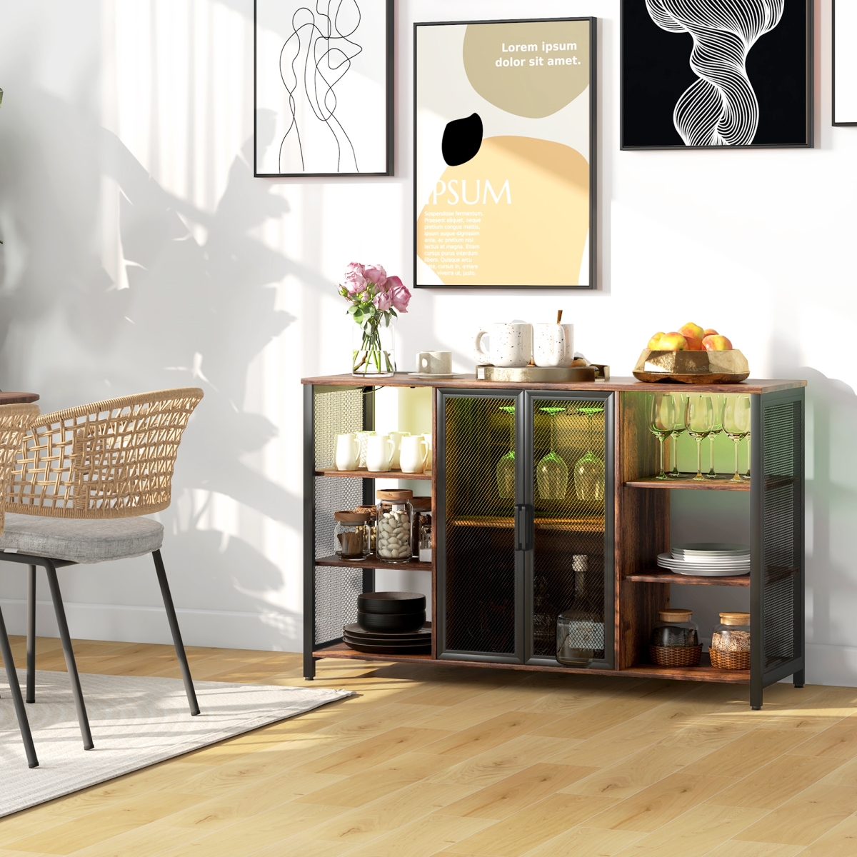 Picture of 212 Main 801-348V80RB Homcom LED Wine Cabinet, Rustic Brown with Charging Station, Glass Holders & Open Shelves