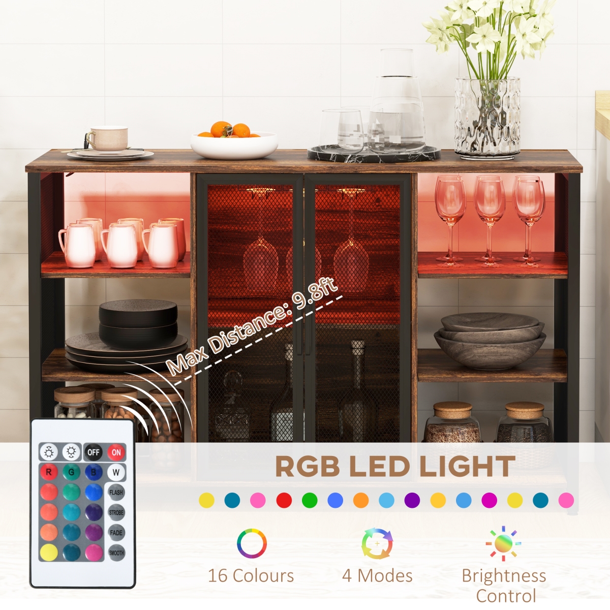 Picture of 212 Main 801-348V80RB Homcom LED Wine Cabinet, Rustic Brown with Charging Station, Glass Holders & Open Shelves