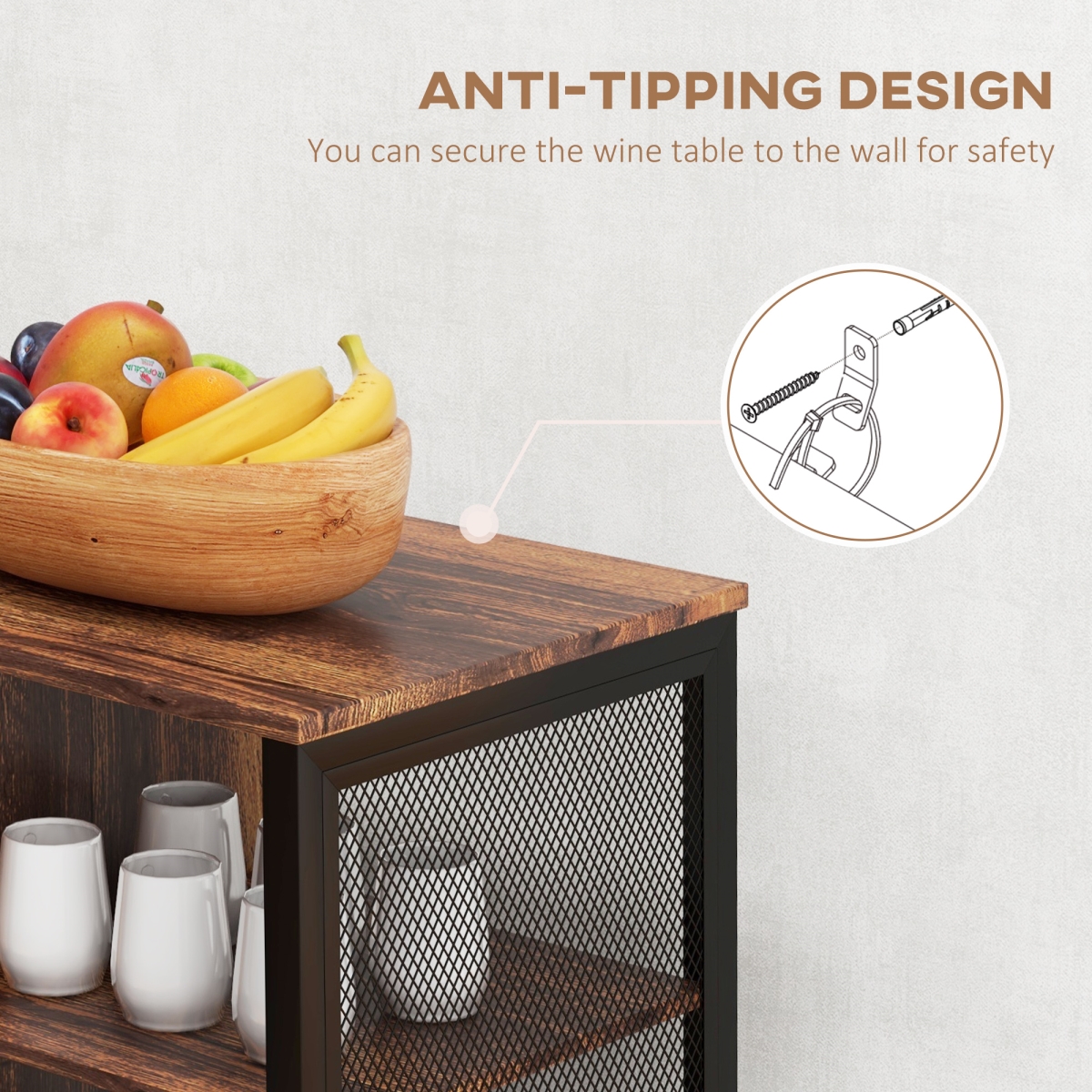 Picture of 212 Main 801-348V80RB Homcom LED Wine Cabinet, Rustic Brown with Charging Station, Glass Holders & Open Shelves