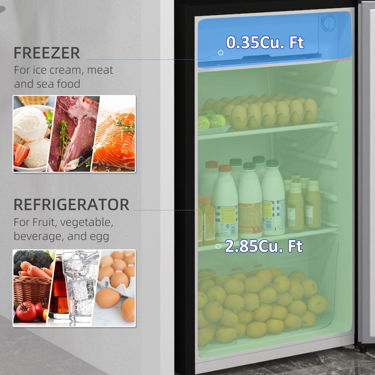 Picture of 212 Main 800-129V81BK Homcom 3.2 cu. ft. Mini Fridge Freezer, Single Door with Adjustable Thermostat, Reversible Door for Dorm, Silver