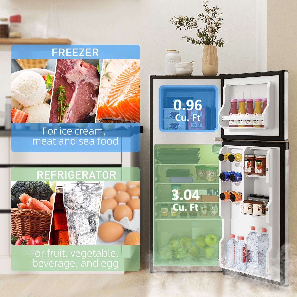 Picture of 212 Main 800-256V80SR 4 cu. ft. HOMCOM Small Fridge with Freezer - Refrigerator with Reversible Doors, Silver