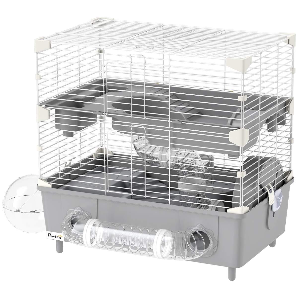 D51-482V00GY PawHut 2-Tier Hamster Cage with Sand Bathroom - Running Wheel - Water Bottle - Tubes - Accessories for Dwarf Hamster, Gray