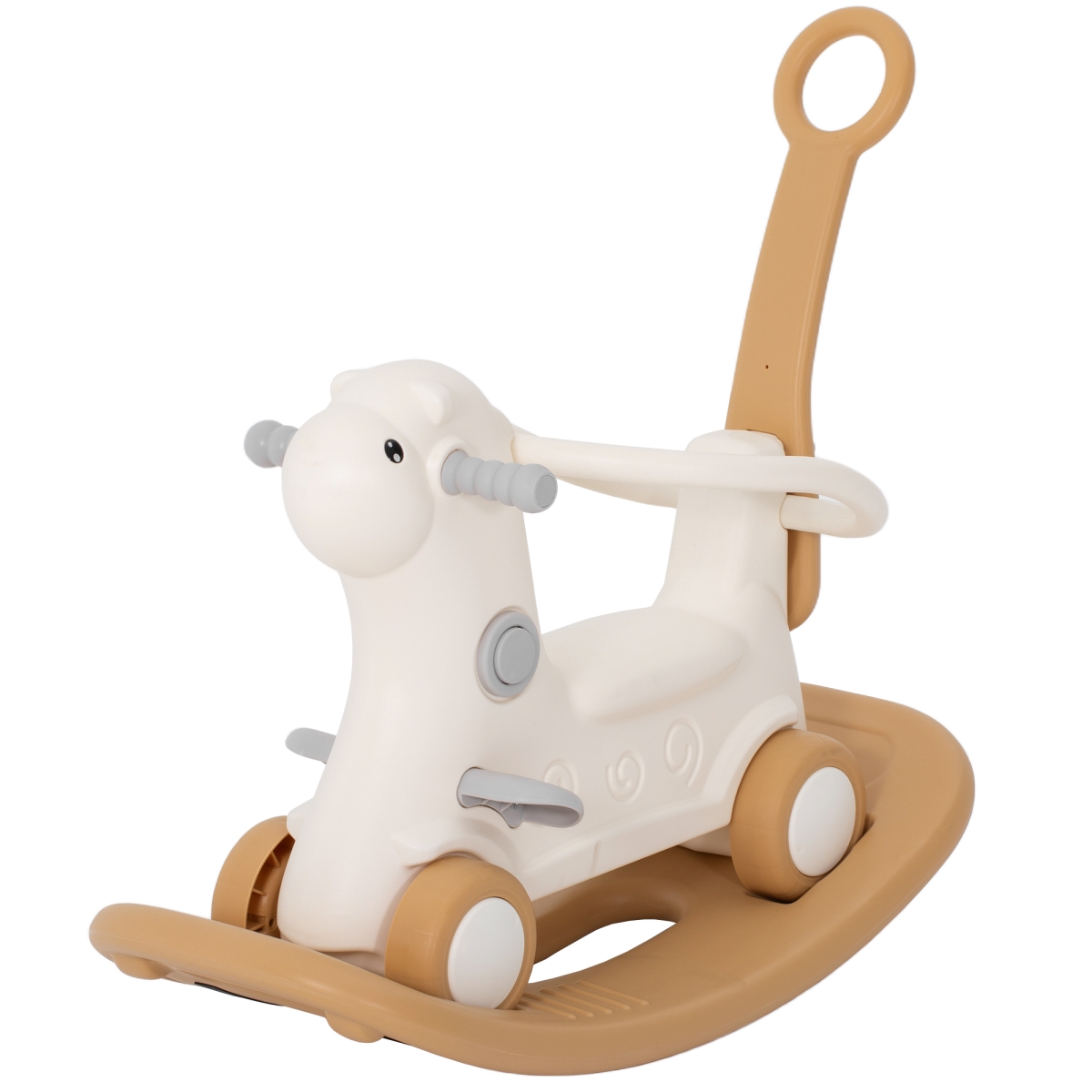 Qaba Rocking Horse for Toddlers 2-5 Years, 4-in-1 Baby Rocking Horse with Detachable Balance Board & Push Handle, Brown, Beige & Gray