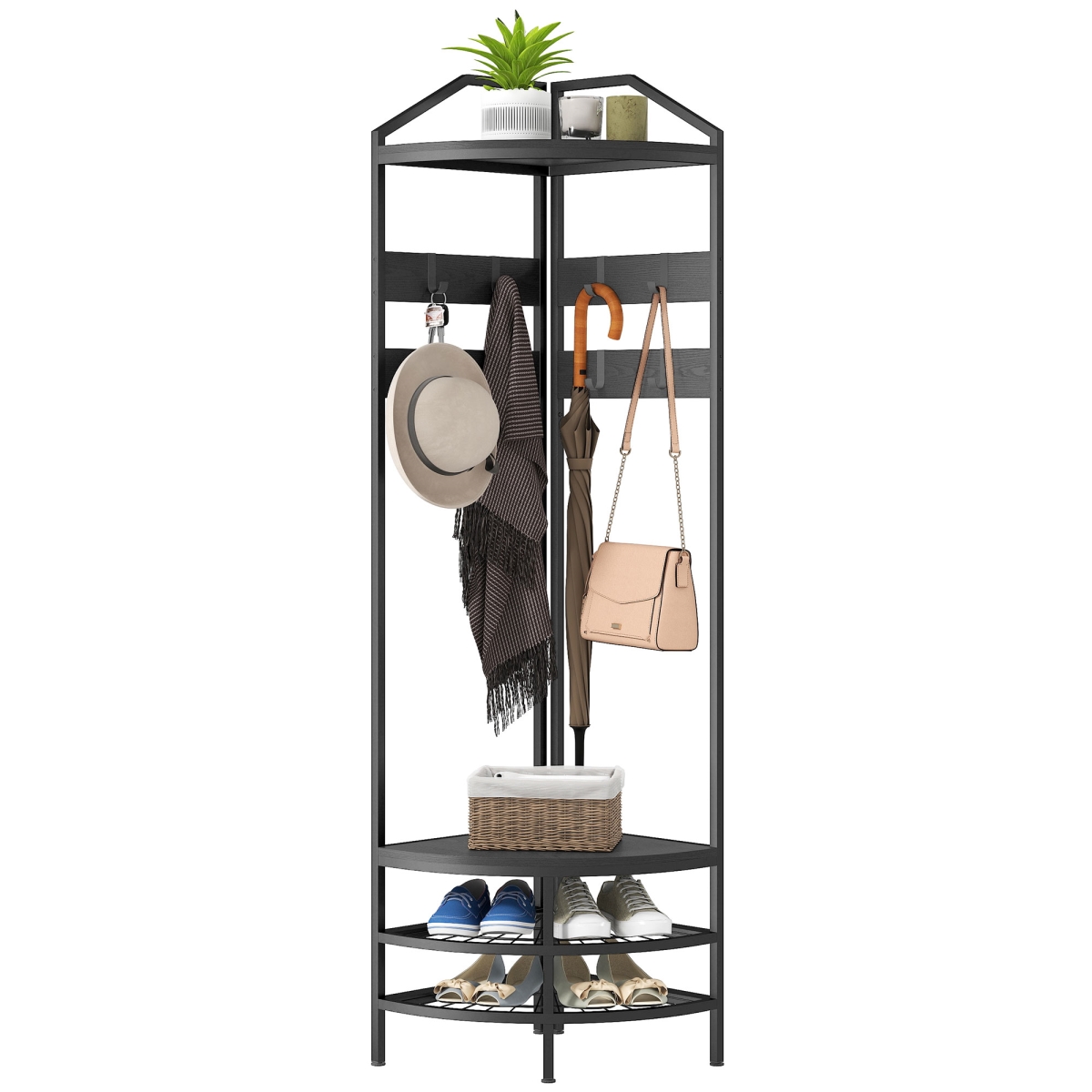 837-616V80BK HOMCOM Corner Hall Tree - Industrial 4-Tier Coat Rack with Shoe Storage - 8 Movable Hooks & 2 Shelves for Hallway - Black