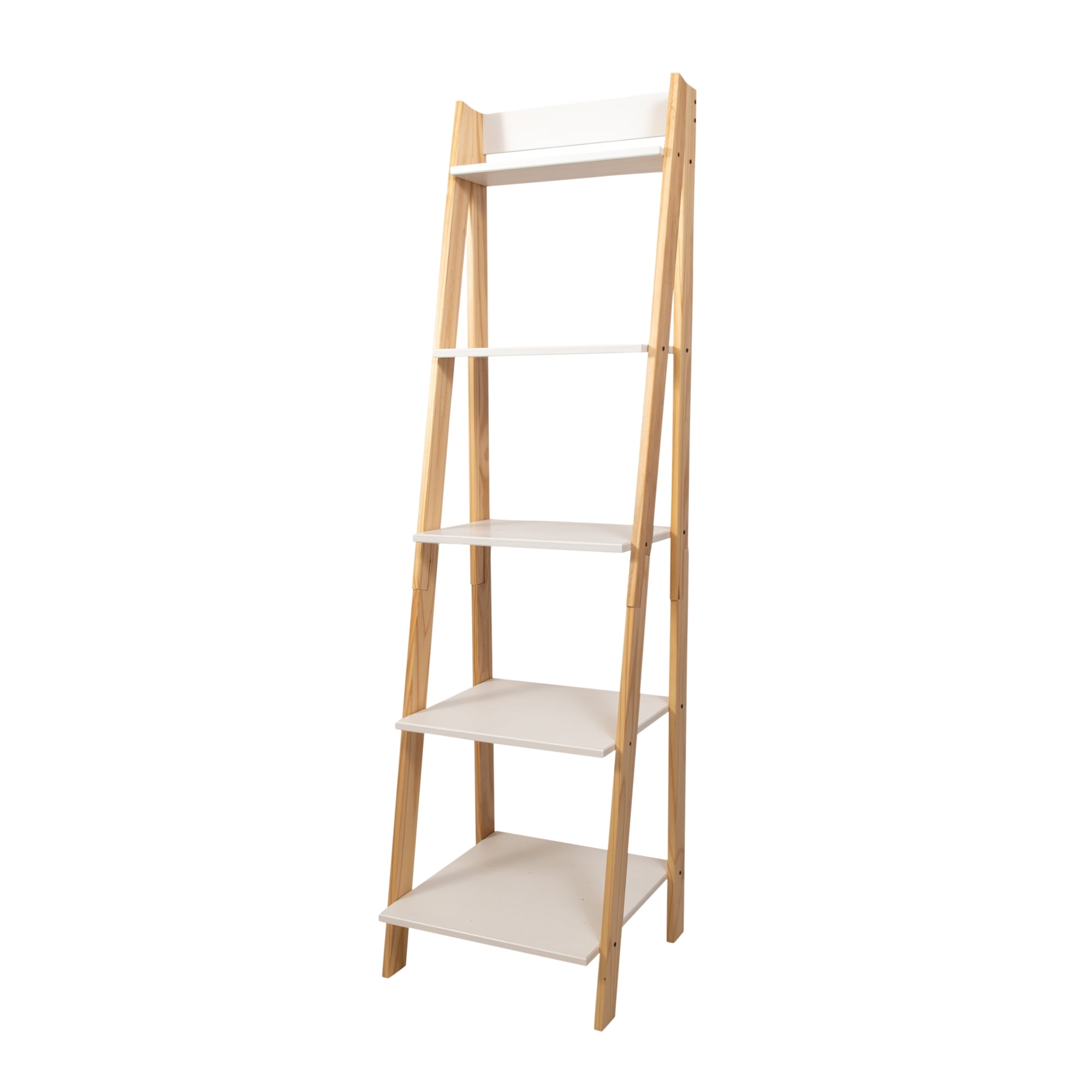 95083 Solid Wood Split 5 Shelf Ladder With Natural Legs, White Shelves