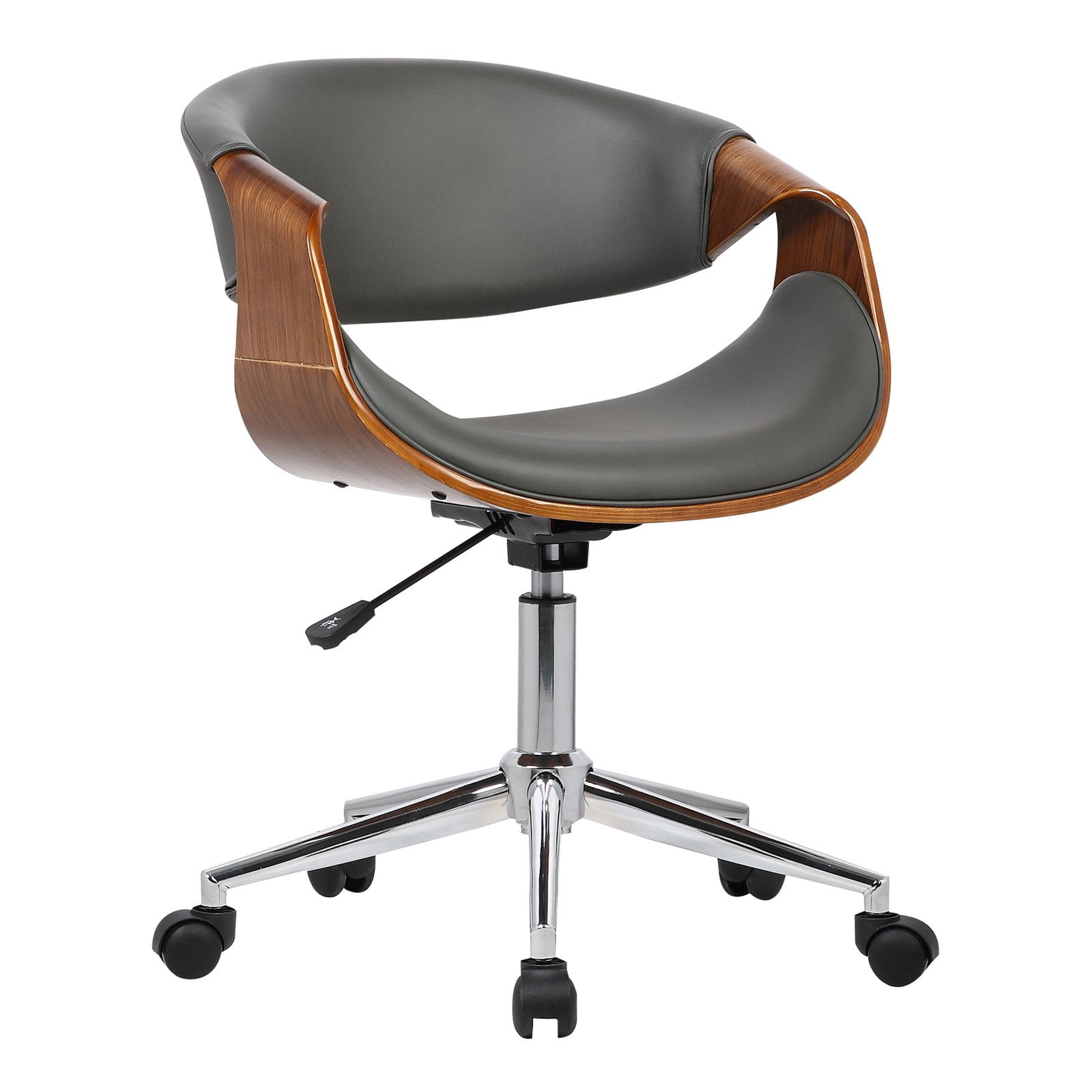 Lcgeofchgrey Geneva Mid-century Office Chair In Chrome With Gray Faux Leather Walnut Veneer Arms