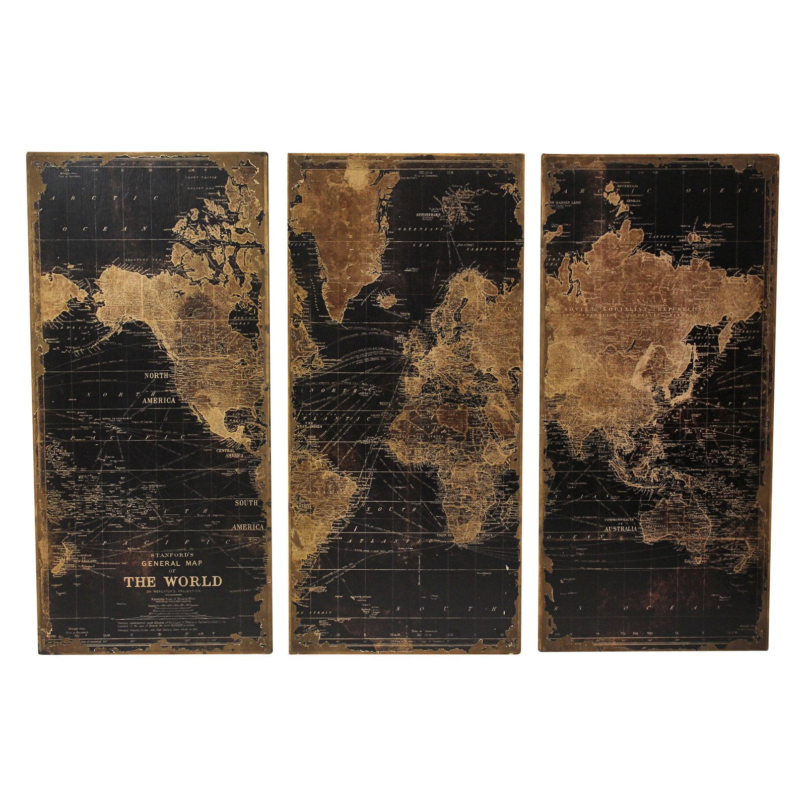 1434 Stanford World Map Wall Decor, Black & Brown - Set Of 3
