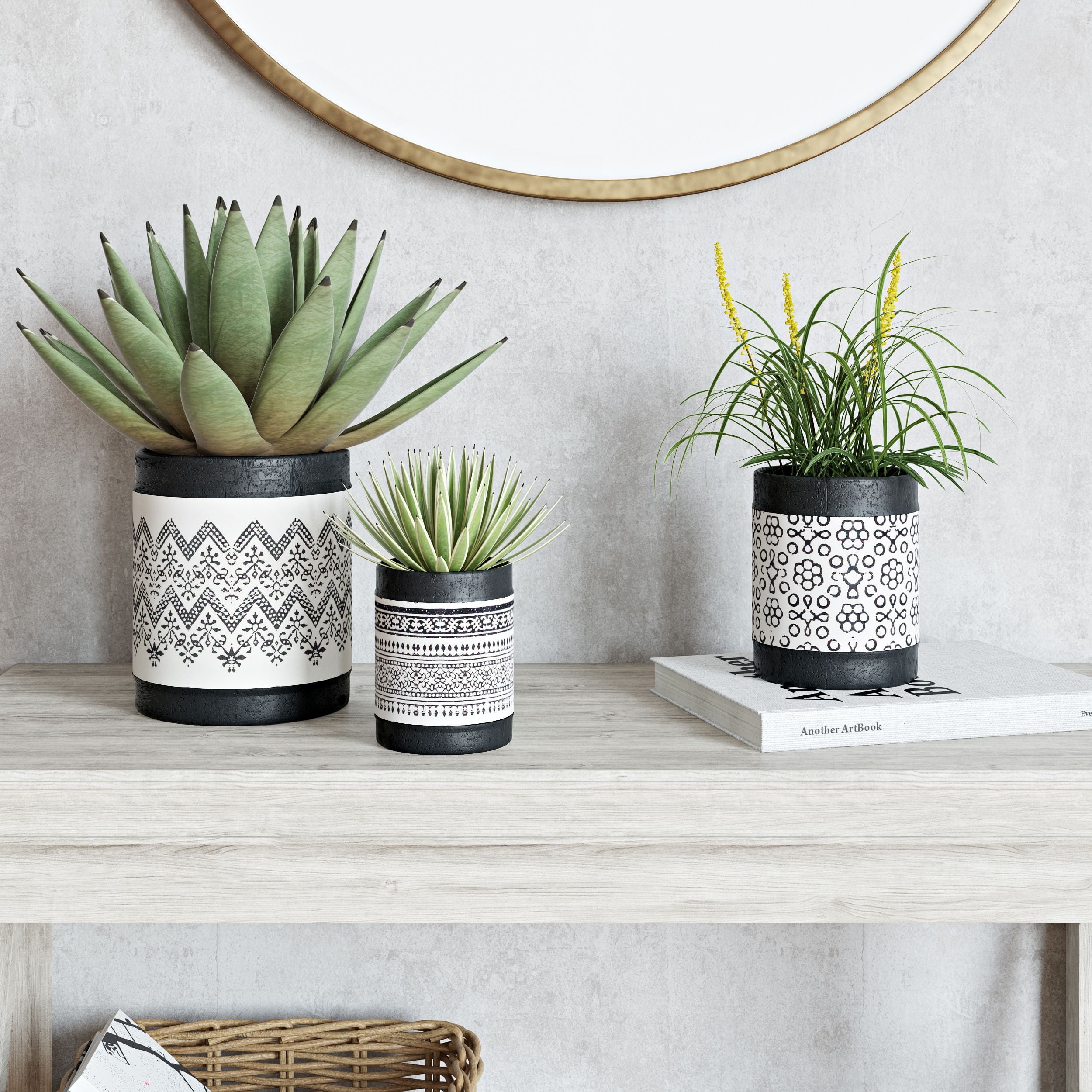 6718 Nikos Ceramic Planters, Black and White - Set of 3