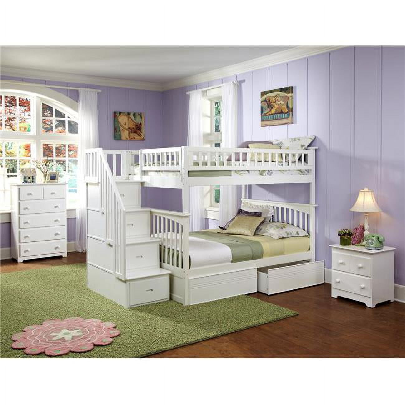 Ab55842 Columbia Staircase Bunkbed With Urban Bed Drawers - White, Full Over Full Size