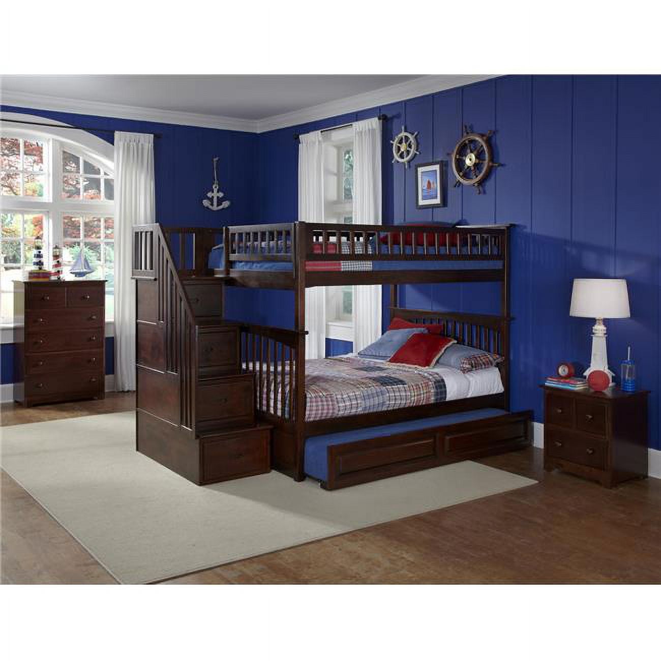 Ab55854 Columbia Staircase Bunkbed With Urban Trundle Bed - Antique Walnut, Full Over Full Size