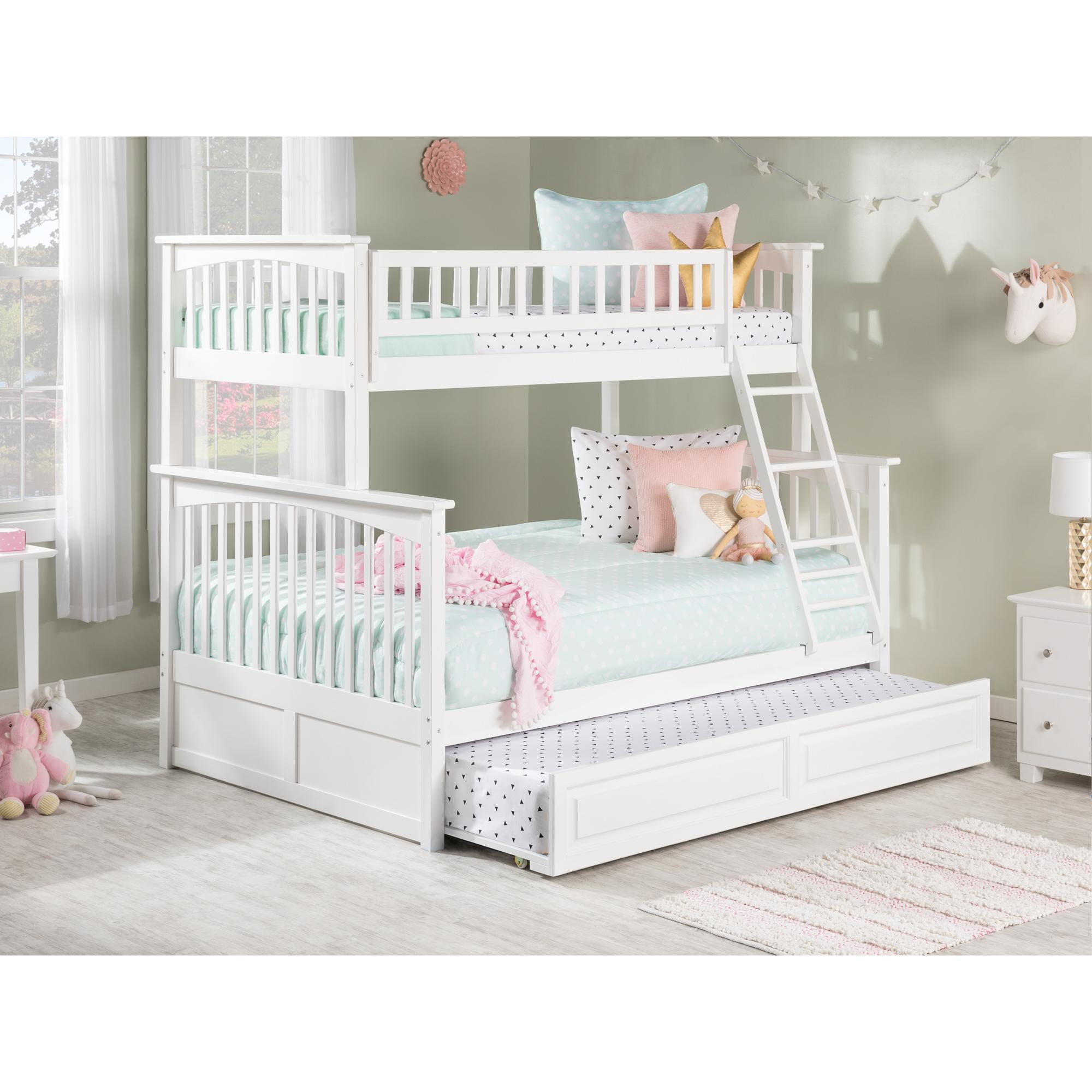 Ab55232 Columbia Bunkbed With Raised Panel Trundle Bed, Twin Over Full Size - White