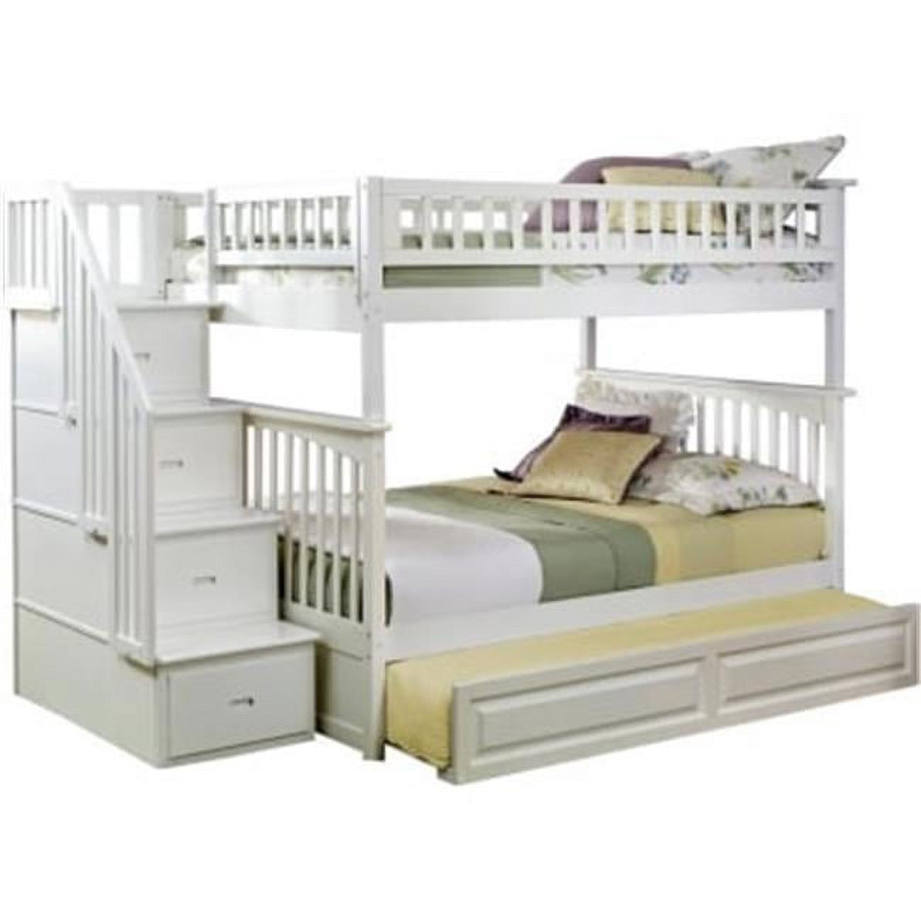 Ab55832 Columbia Staircase Bunkbed With Raised Panel Trundle Bed, Full Over Full Size - White