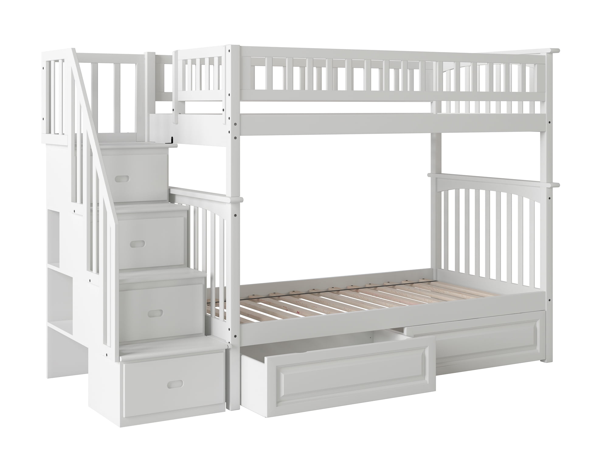 Ab55622 Columbia Staircase Bunkbed With Raised Panel Bed Drawers, Twin Over Twin Size - White