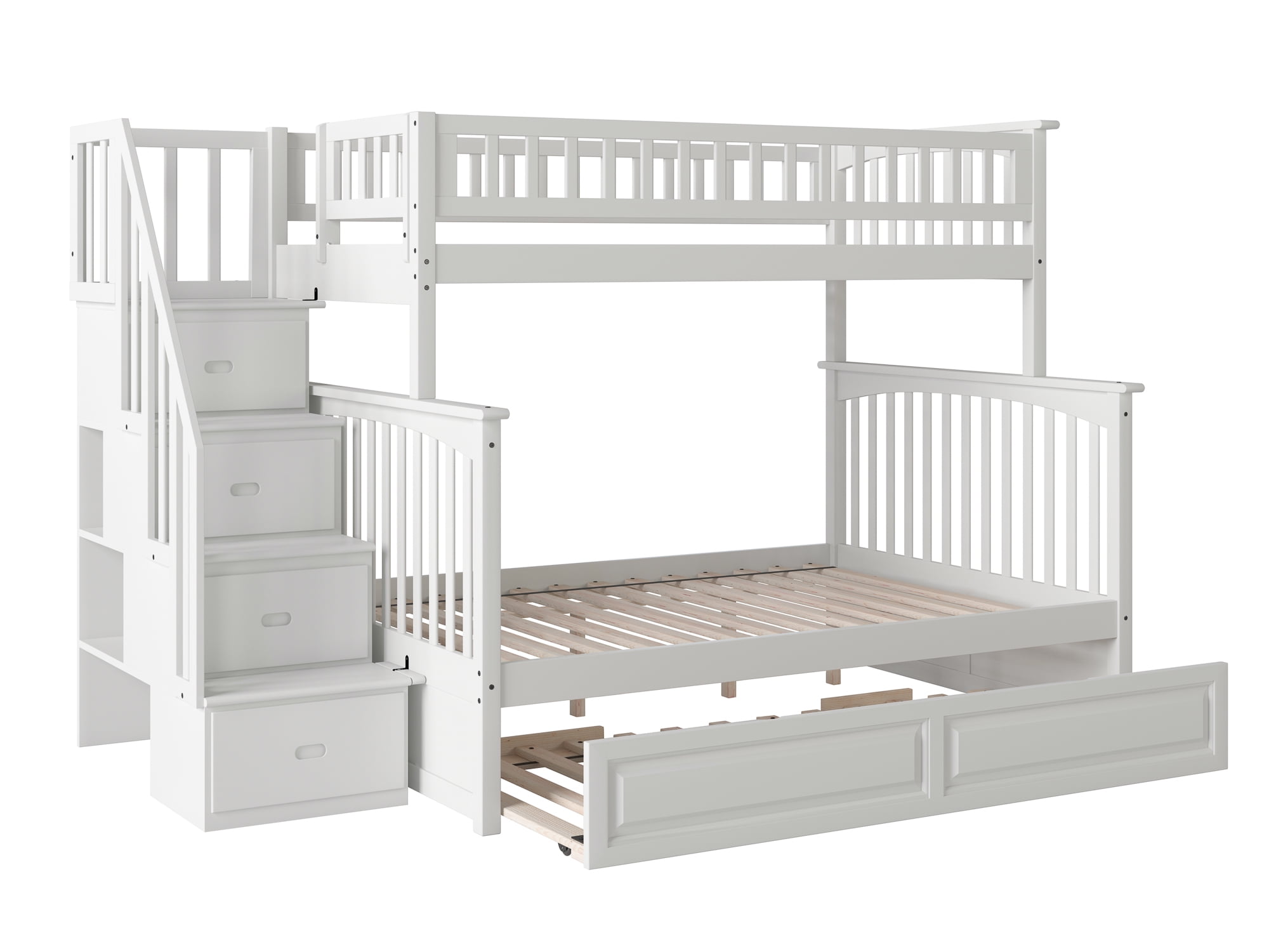 Ab55732 Columbia Staircase Bunkbed With Raised Panel Trundle Bed, Twin Over Full Size - White