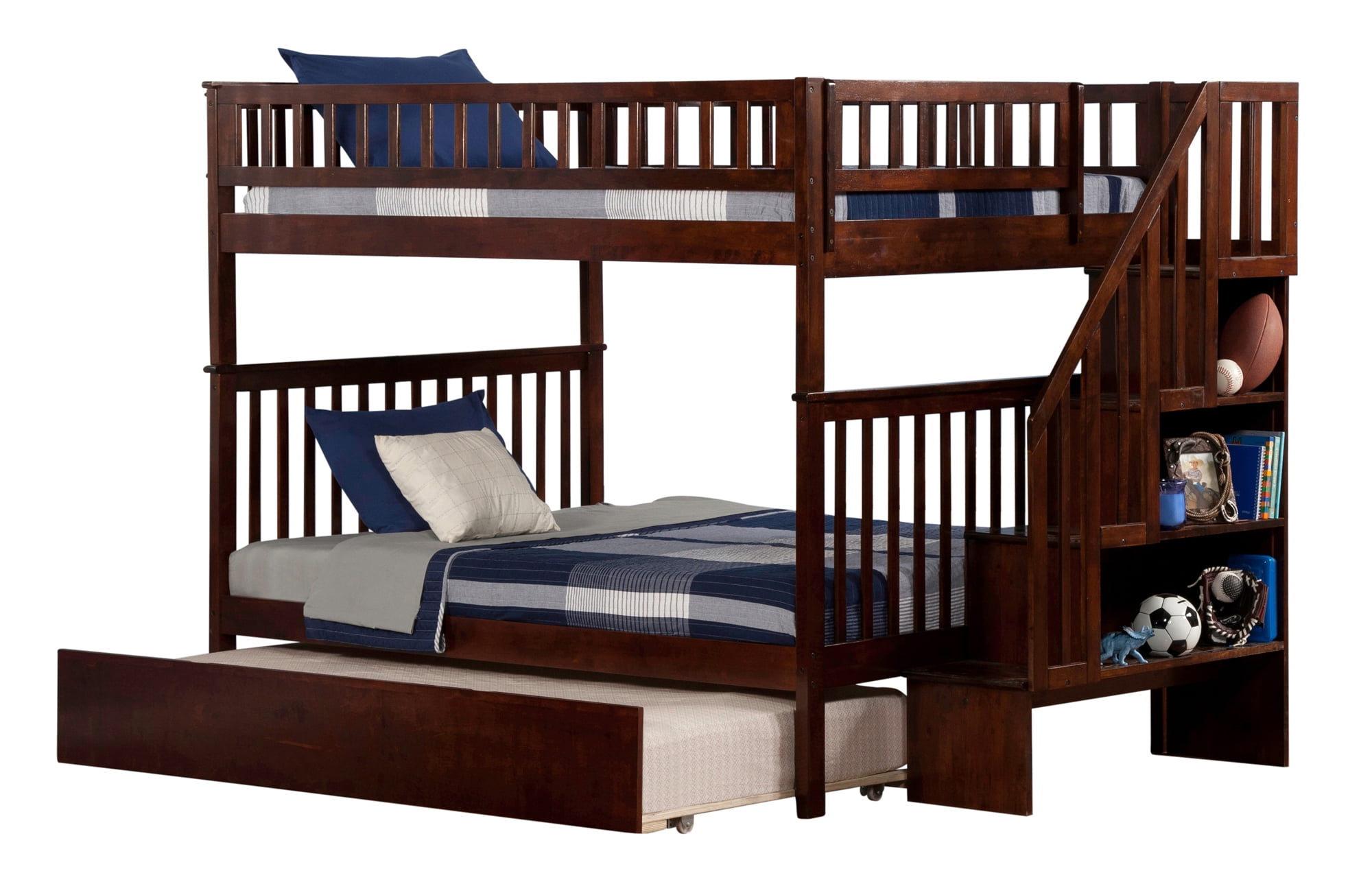 Ab56854 Woodland Staircase Bunk Bed With Urban Lifestyle Trundle, Antique Walnut - Full & Full