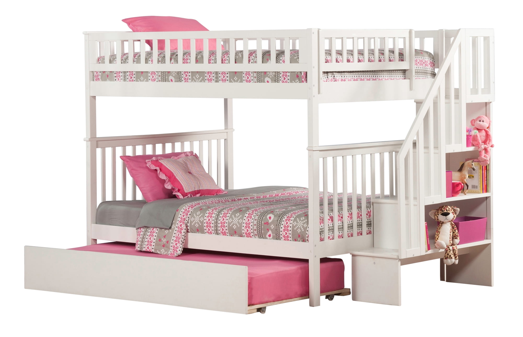 Ab56852 Woodland Staircase Bunk Bed With Urban Lifestyle Trundle, White - Full & Full